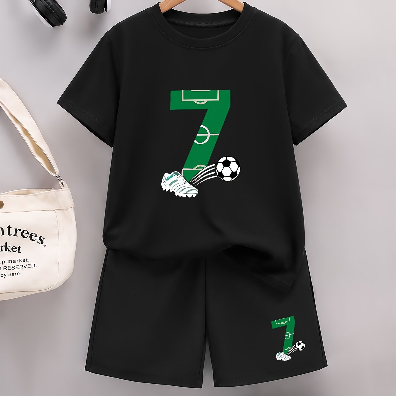 Image of 2pcs Boys T-shirt And Shorts Set, Football Print, Fashionable Sports Casual Versatile, Comfortable And Skin-friendly For Home And Outdoors, Perfect Clothing Gift, Trendy Streetwear, For Outdoor