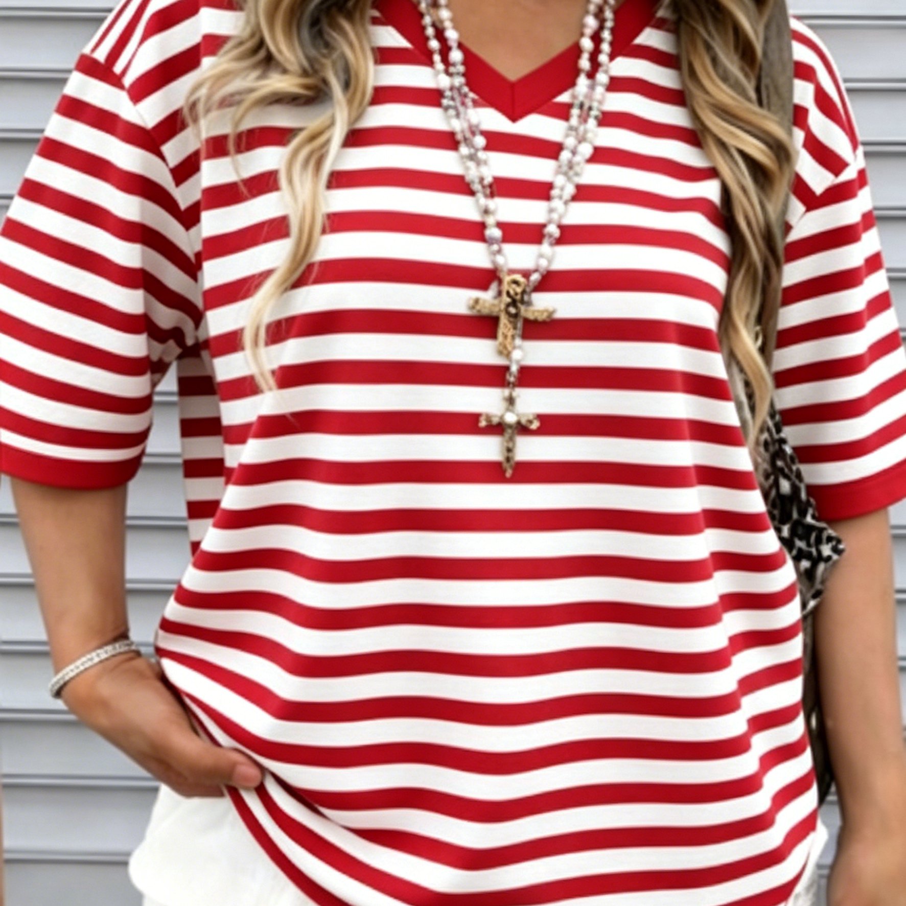 TEMU Plus Size, New Summer Red And White Striped V-neck Short Sleeve T-shirt For Women, Loose Fit Casual Top