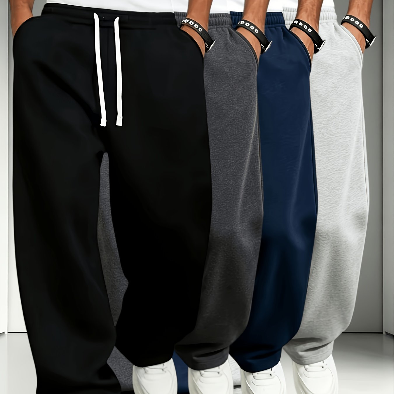 TEMU 4pcs Men's Elastic Waist Drawstring Jogger Pants, Loose Straight-leg Casual Trousers, Soft Knit Sweatpants, Suitable For Daily Outdoor Wear,