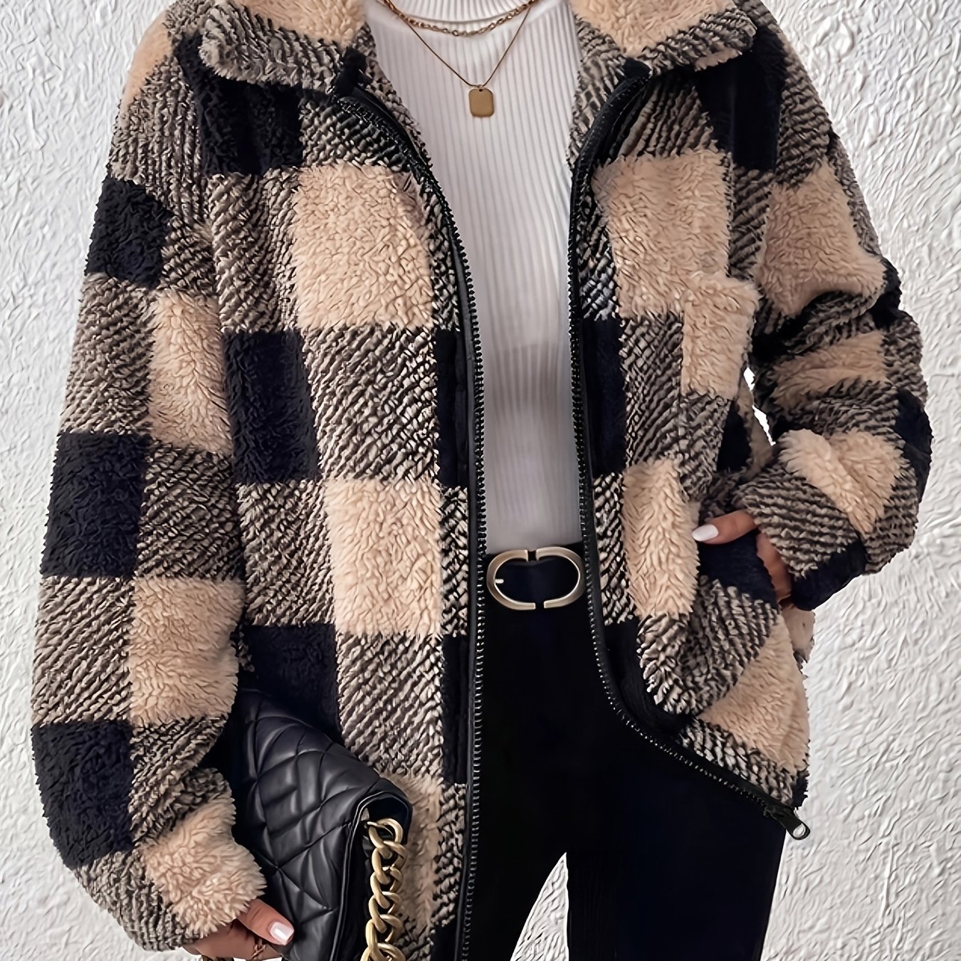 TEMU Women's Plush Faux Teddy Jacket - Elegant Collar Plaid Coat With Pockets, Gray & White Contrast Suitable For Fall/winter, Warm Blazer For Casual