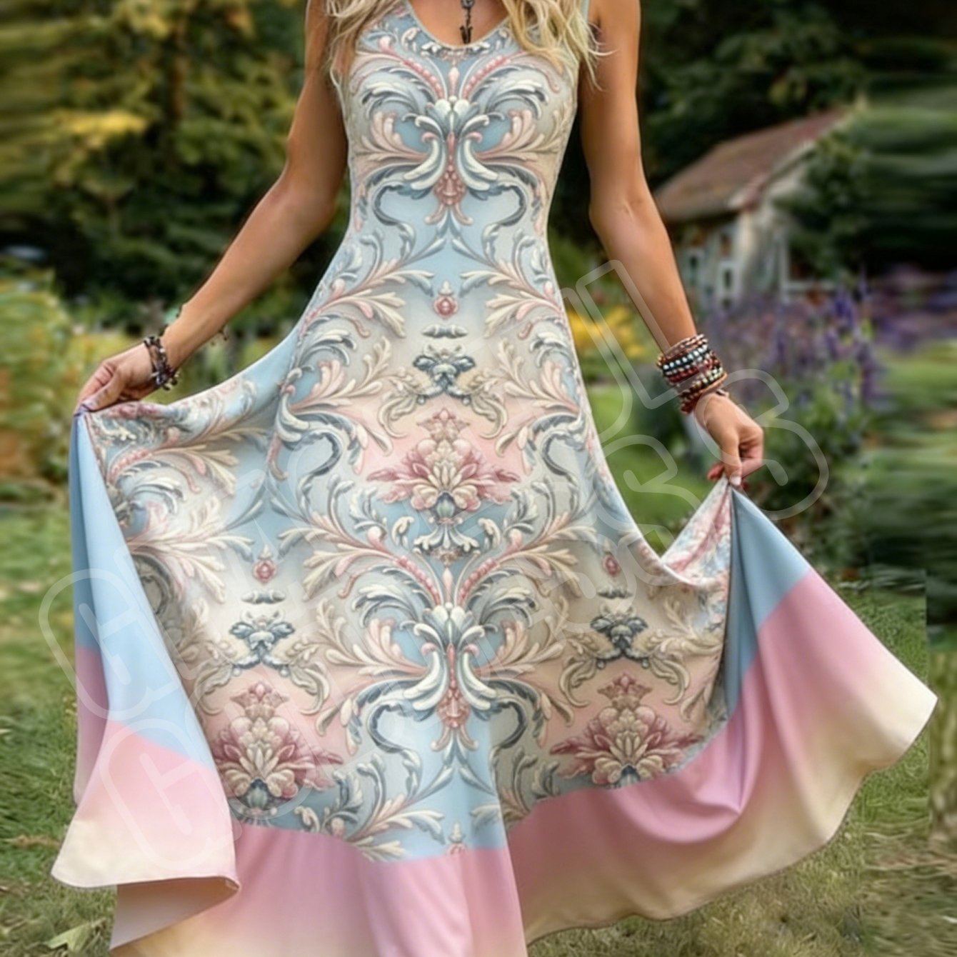 Image of Women's Retro-style Sleeveless Dress With Floral Print, Pastoral V-neck A-line Maxi Skirt. Machine Washable, Perfect For Casual Attire And Vacations.