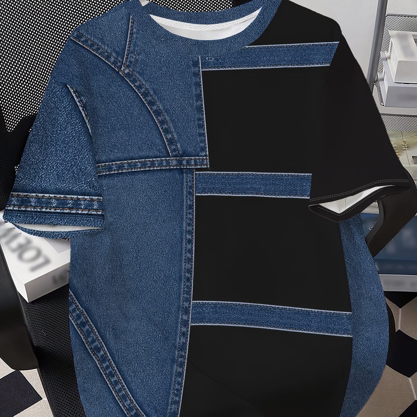 TEMU [print Design - Not Textured] New Denim Print Short Sleeve T-shirt, Summer Round Neck Loose Casual Top, Plus Size