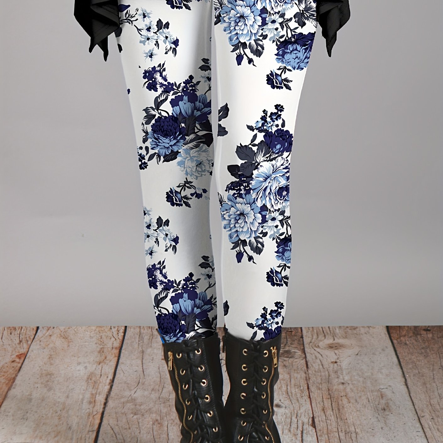 TEMU Plus Size - Plus Size - Plus-size Floral Printed Leggings, Casual Stretchy Base Layer Pants, Women's Plus-size Clothing