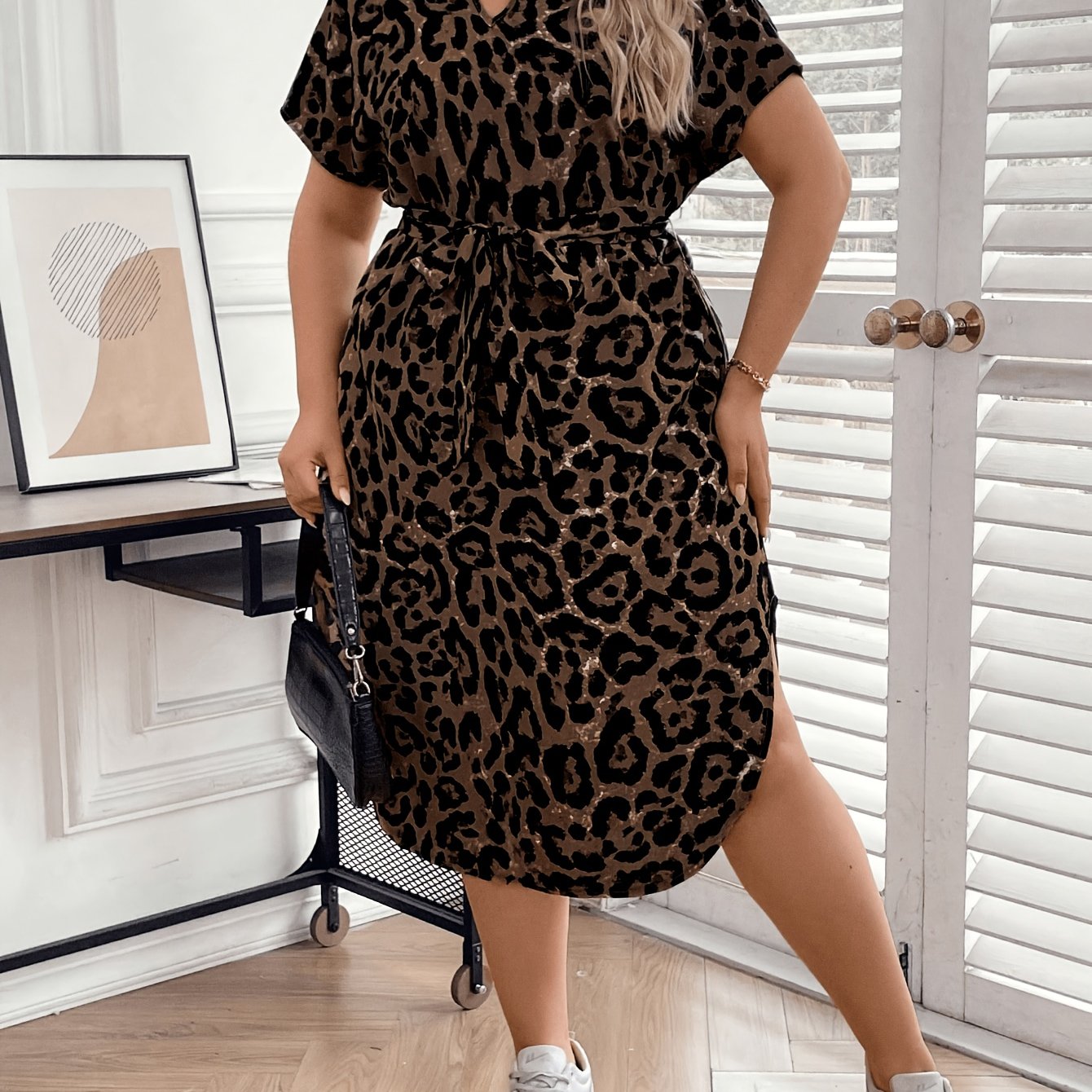2025 Plus Size Leopard Print Round Hem Tie Dress