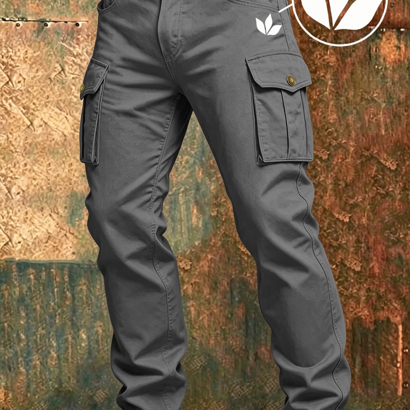 Image of 100% Cotton Men' Color Multi Flap Pockets Straight Leg Cargo Pants, Elastic Back Waist Loose Fit Casual Work Trousers, Outdoor Hiking Streetwear Long Pants