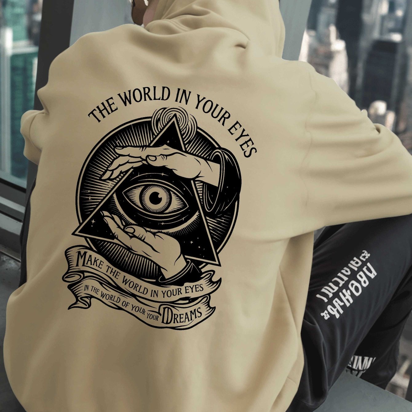 TEMU Men's Large Hooded Sweatshirt - Black Plush Streetwear Hoodie With All- Eye & Symbol Print, Soft Oversized Winter Pullover, -inspired Gift For