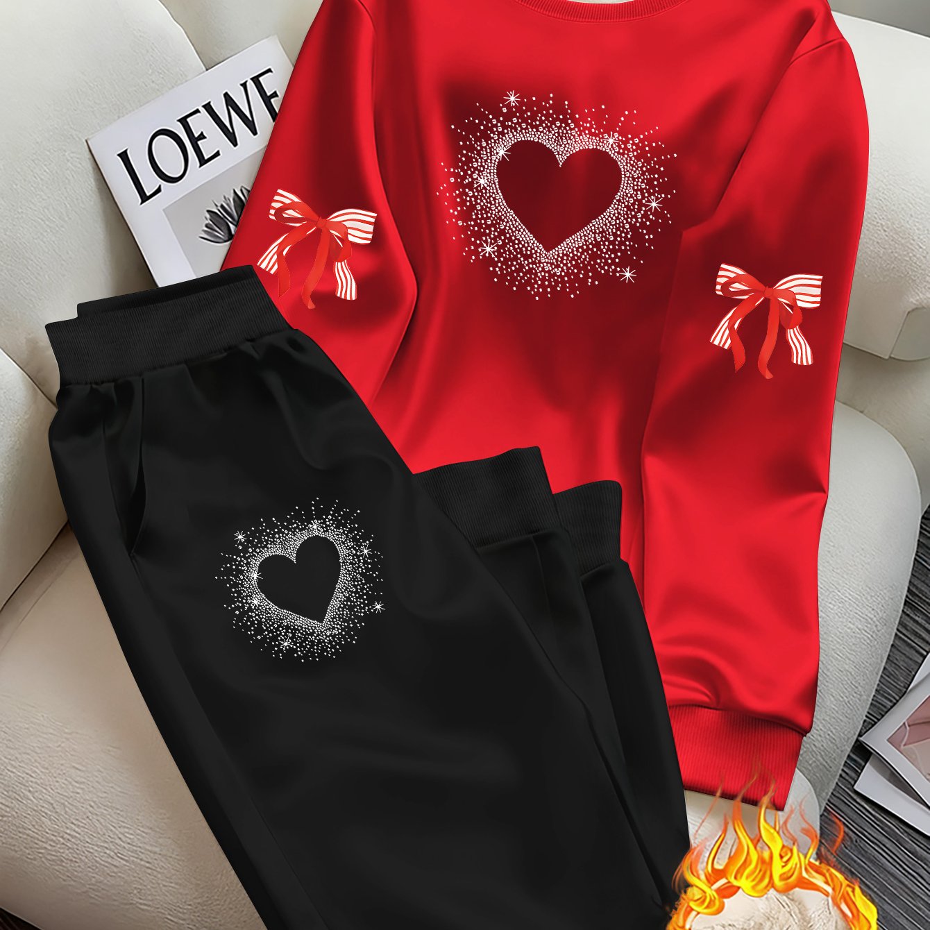 TEMU A Stylish And Casual Two-piece Set For Women Featuring A Heart-shaped Diamond Print, Perfect For Autumn And Winter. The Outfit Includes A Warm,
