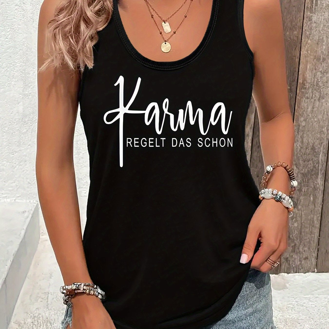 Image of Women's "karma" Print Sleeveless Tank Top - Glossy, Stretchy Fabric, Black With White Lettering, Spring/summer/fall, Casual Beachwear, Casual Wear Tank Top | Trendy Women's Top | Glossy Fabric To