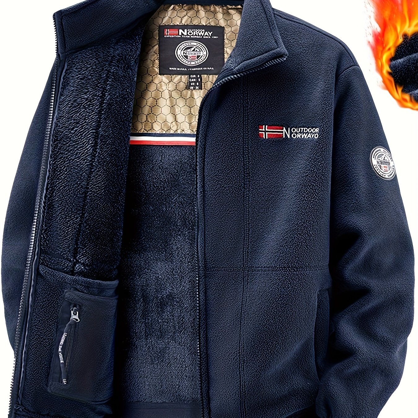 TEMU Men's Thickened Fleece Jacket For Autumn And Winter, Trendy Casual Embroidered Top For , Suitable For Outdoor Activities Like Traveling, Sports,