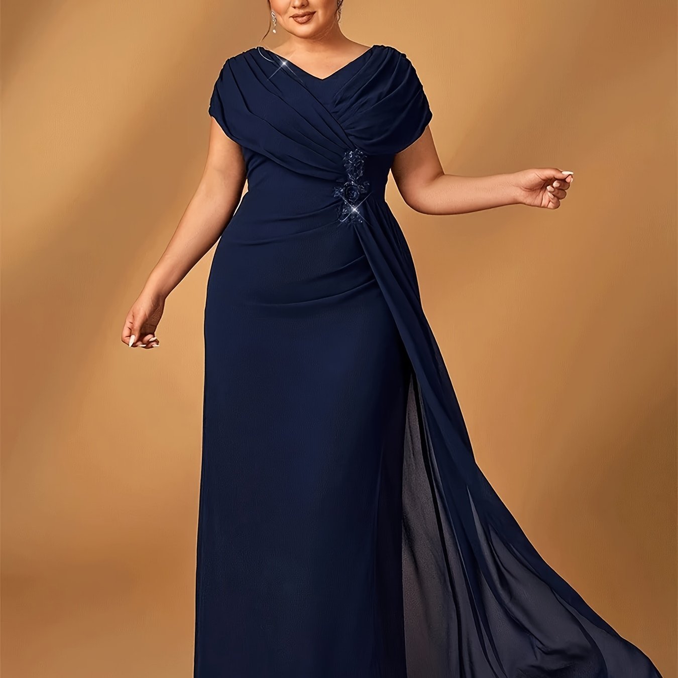TEMU Plus Size Luxury Mom Evening Dress Wedding Reception Party Luxury Shiny Plus Size Chiffon Mother Navy Blue Evening Dress