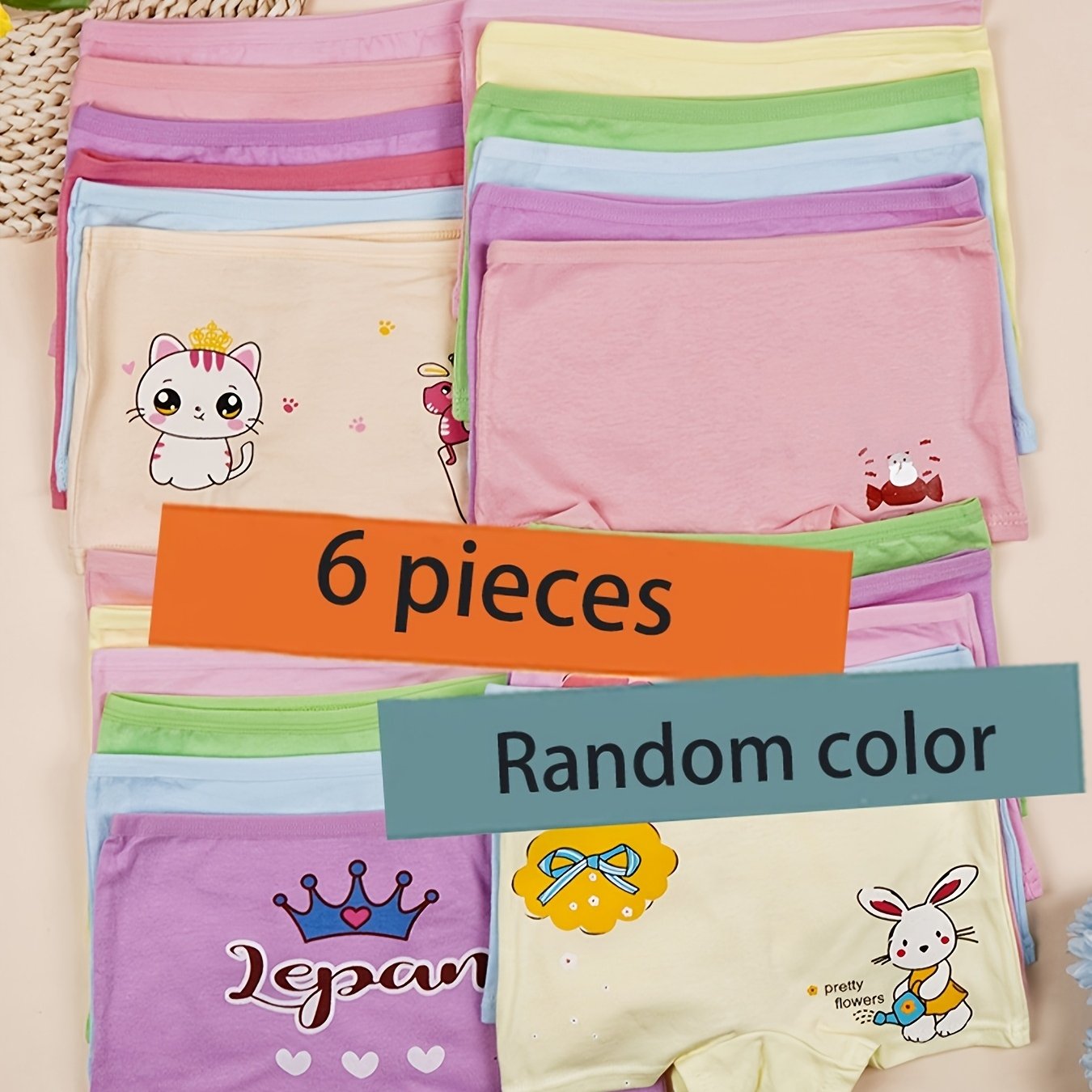 Image of 6-pc Of Random Color Girls' Cute Boxer Briefs, Cartoon Crown Pattern Print, Comfortable And Breathable Vest, Elastic Preppy ' Underwear