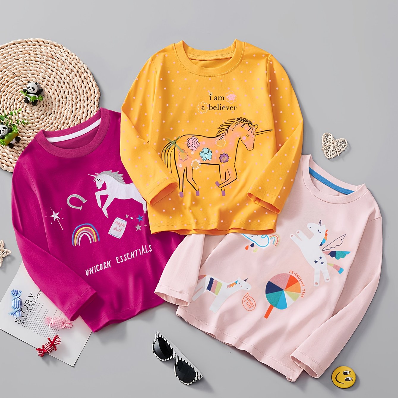 Image of Girls' 3pcs Set Long-sleeved T-shirt With Cartoon Unicorn Pattern Top, Round Neck, Warm And Trendy For Spring And Autumn