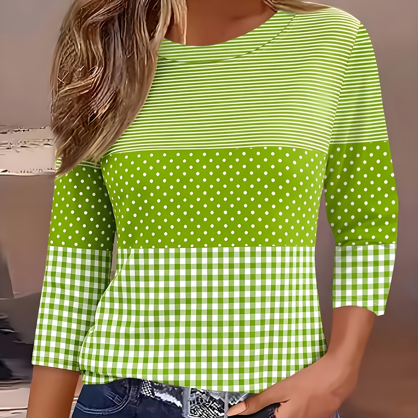 TEMU Casual Fashion Holiday Women's Regular Fit Striped Print 3/4 Sleeve Round Neck T-shirt Top