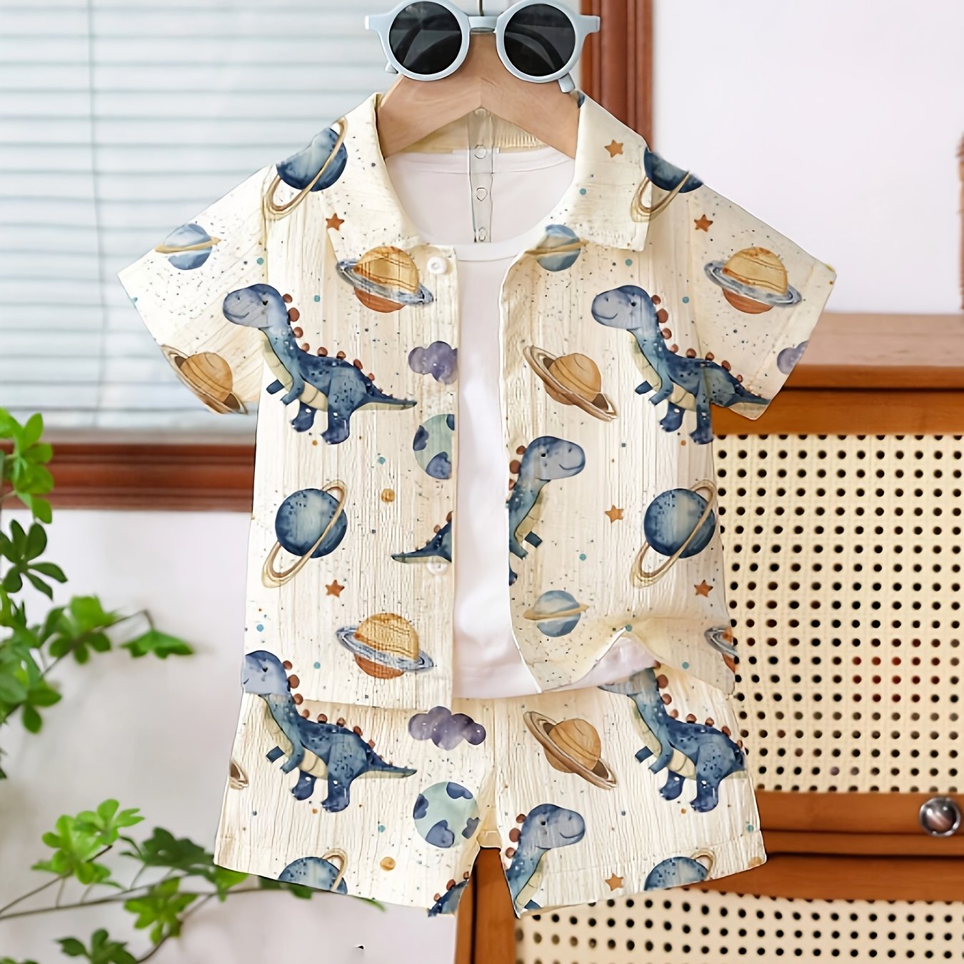 Image of 2pcs Boys' Fashionable Casual Collared Dinosaur Print Shirt And Shorts For Casual Attire, Outdoor