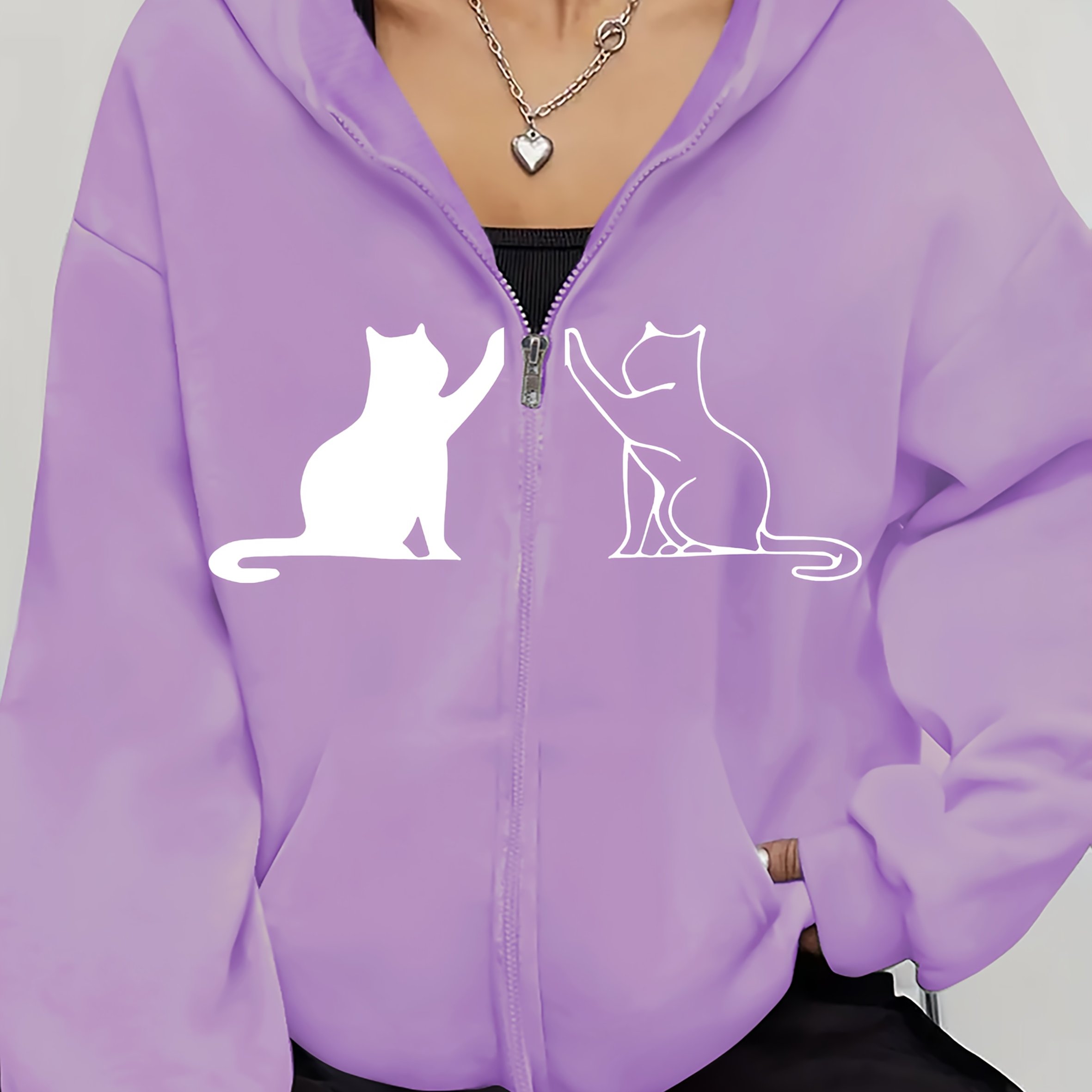 TEMU Black Cat, Women's Long Sleeve Zip-up Casual Jacket With Cat Prints, Suitable For , Made Of Slightly Stretchy, Women's Apparel
