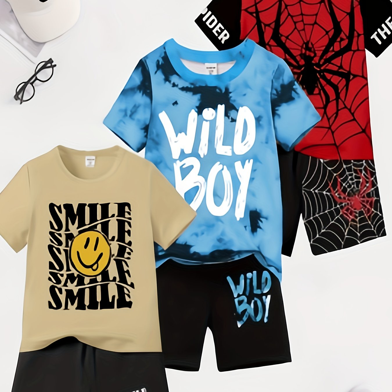 Image of Boys' 6pcs 3-set Cool Casual Short Sleeve T-shirt And Shorts Set, Round Neck - Spring/summer, , Regular Fit, Perfect For Outdoor Wear, Perfect For Outdoor