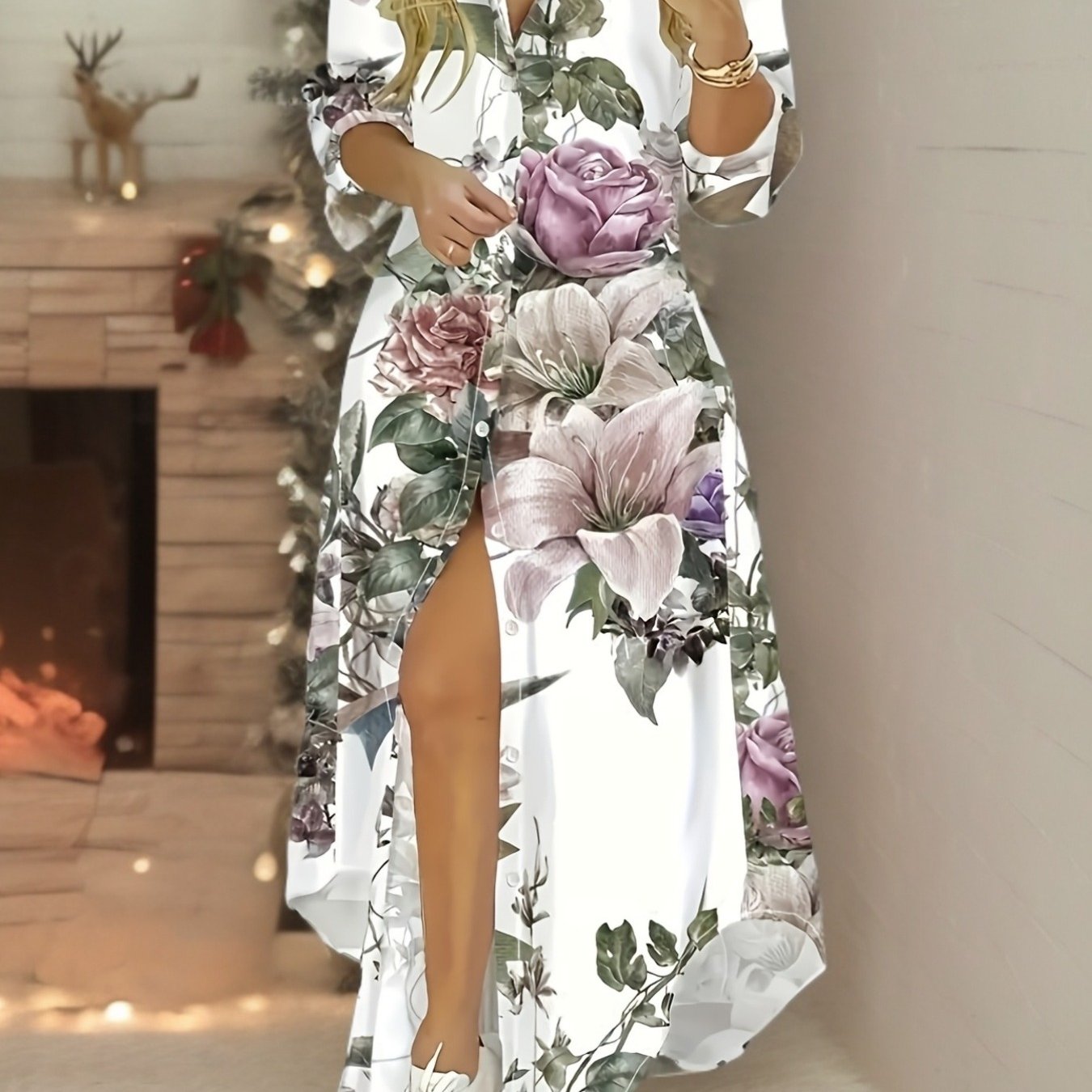 Plus Size, Plus Size Women's Spring And Autumn Big Flower Pattern Printed Long Sleeve Shirt Dress