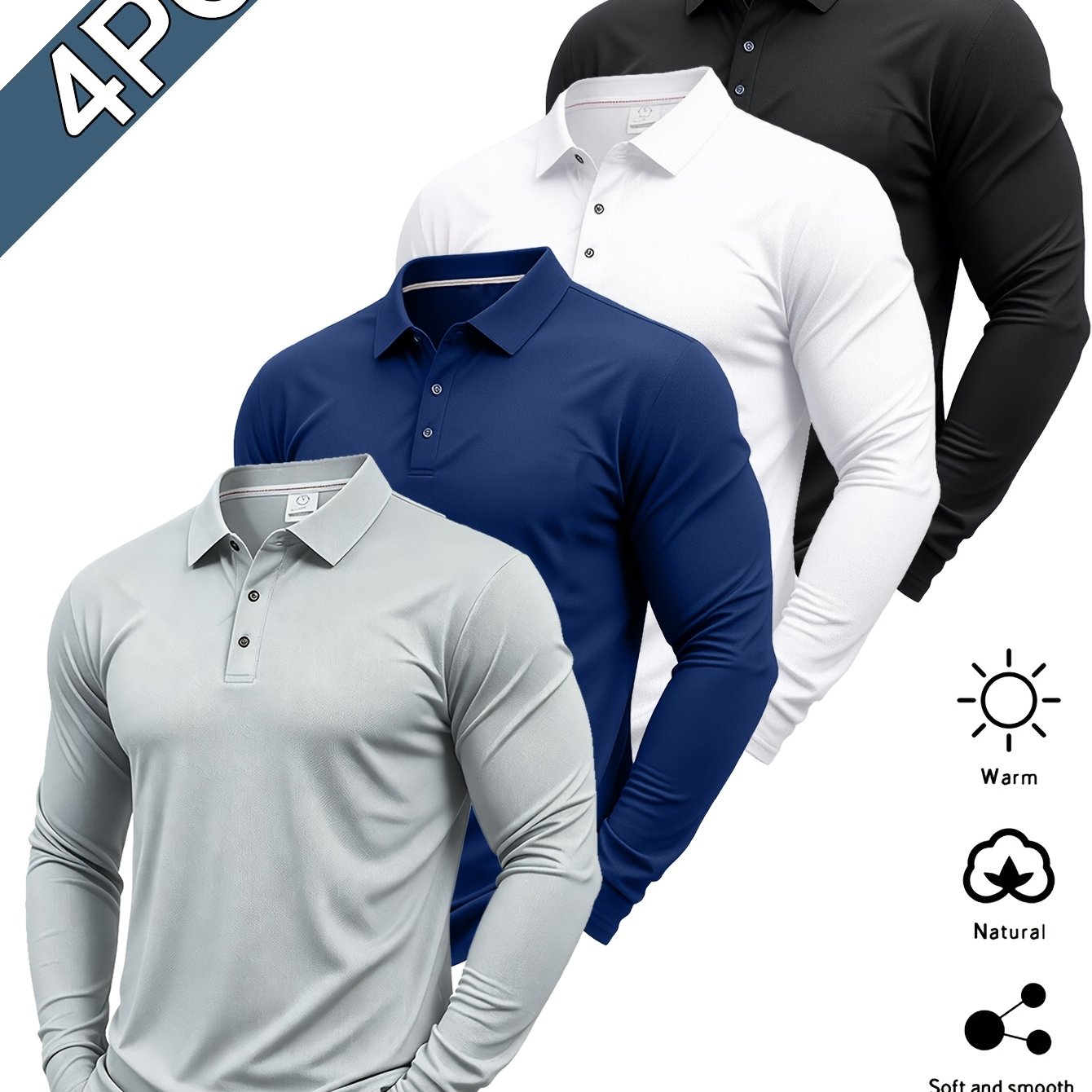 TEMU 4-pc Men's Long Sleeve Shirts, Easy Design. Styles , Easy To Match With Any Outfits, Suitable For Travel, Business, Golf, , And Other Occasions