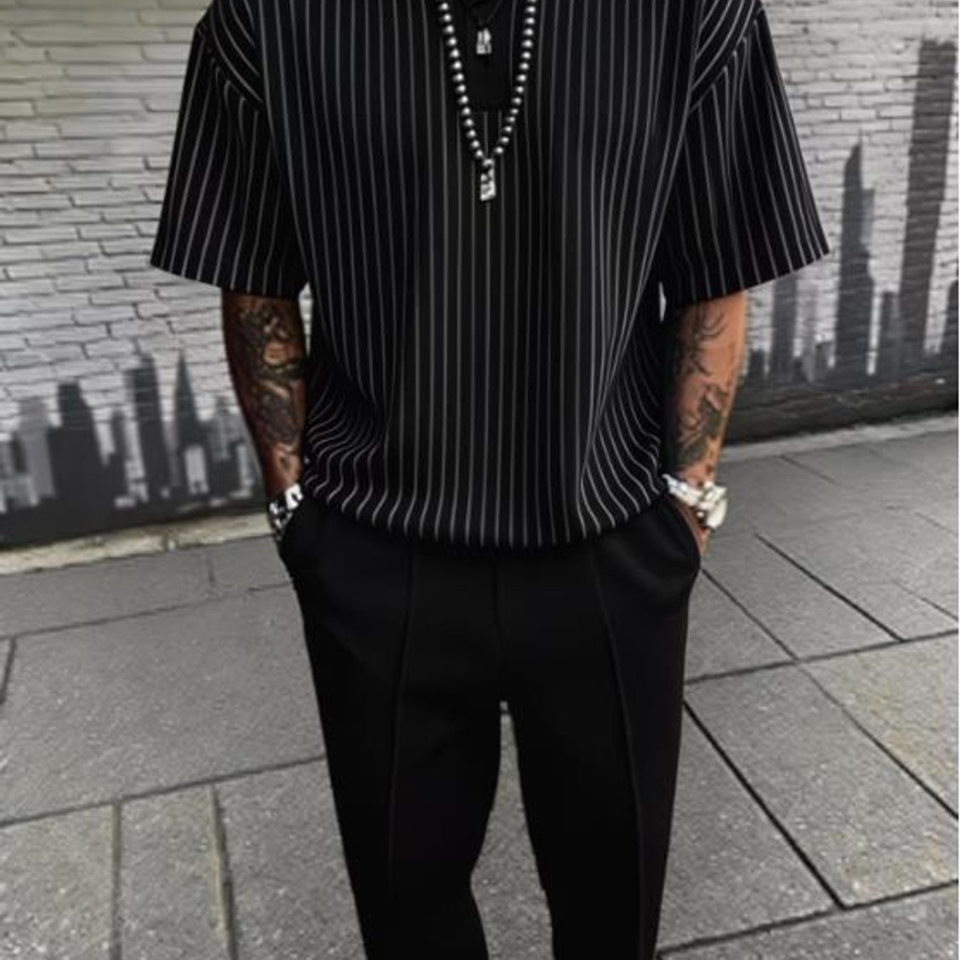 Image of Urban Fashion Minimal Stripe Pattern Men's Casual Outfit Short Sleeve Shirt And Pants 2 Piece Set Men's Clothing Trendy Stylish Set Weekend Wear Night Out Birthday Gift For Husband, Plus Size