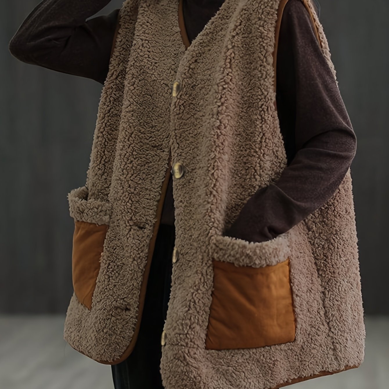 TEMU Autumn/winter Women's Fashion Casual Versatile Solid Color Loose Fuzzy Vest Coat With Large Pockets