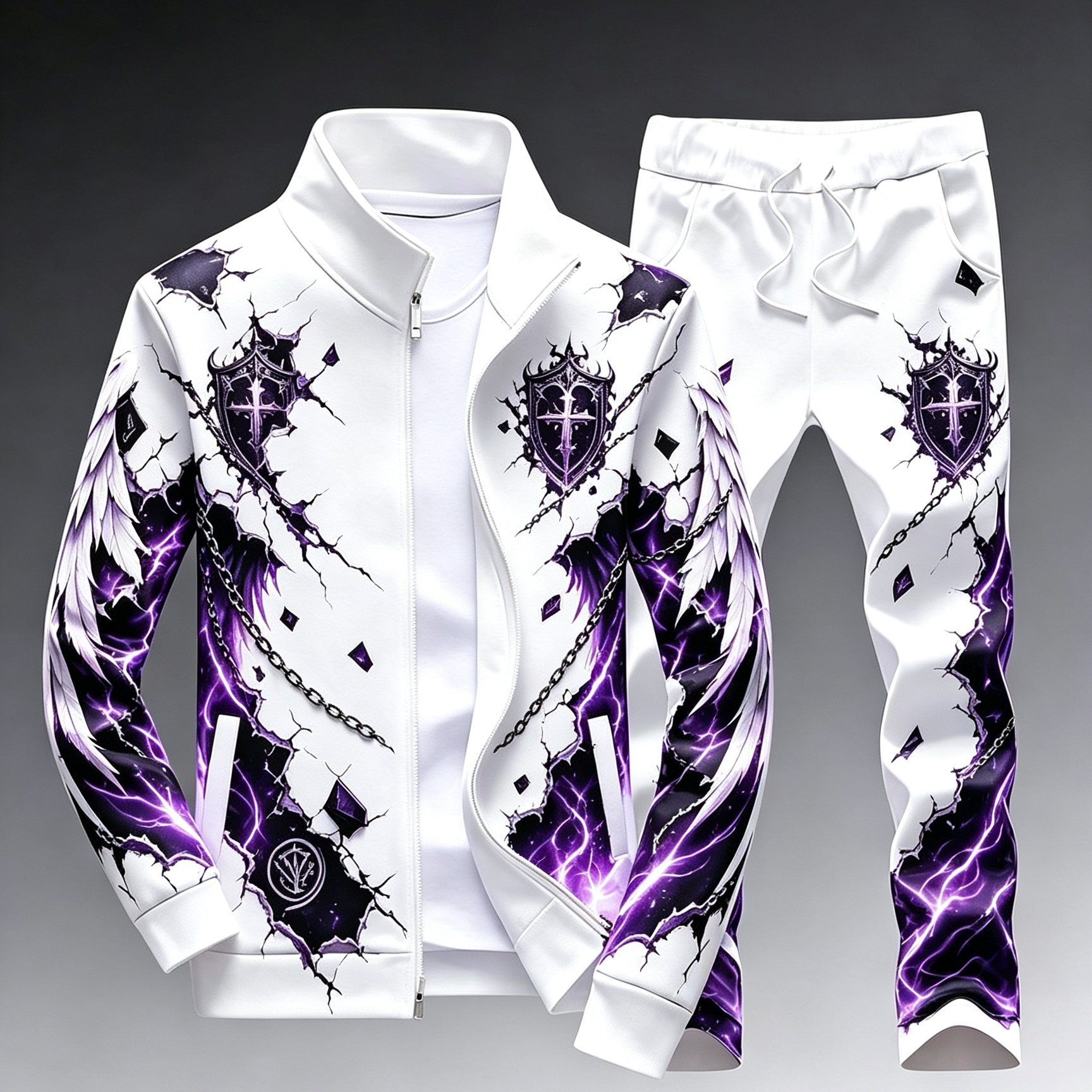 Image of New Arrival Men Standard Size Zipper Jacket Sports Suit Suitable For Outdoor Street Wear Full Print Broken Armor Wings Print Spring Autumn Comfortable Fashion Versatile Design Sense Two-piece Set