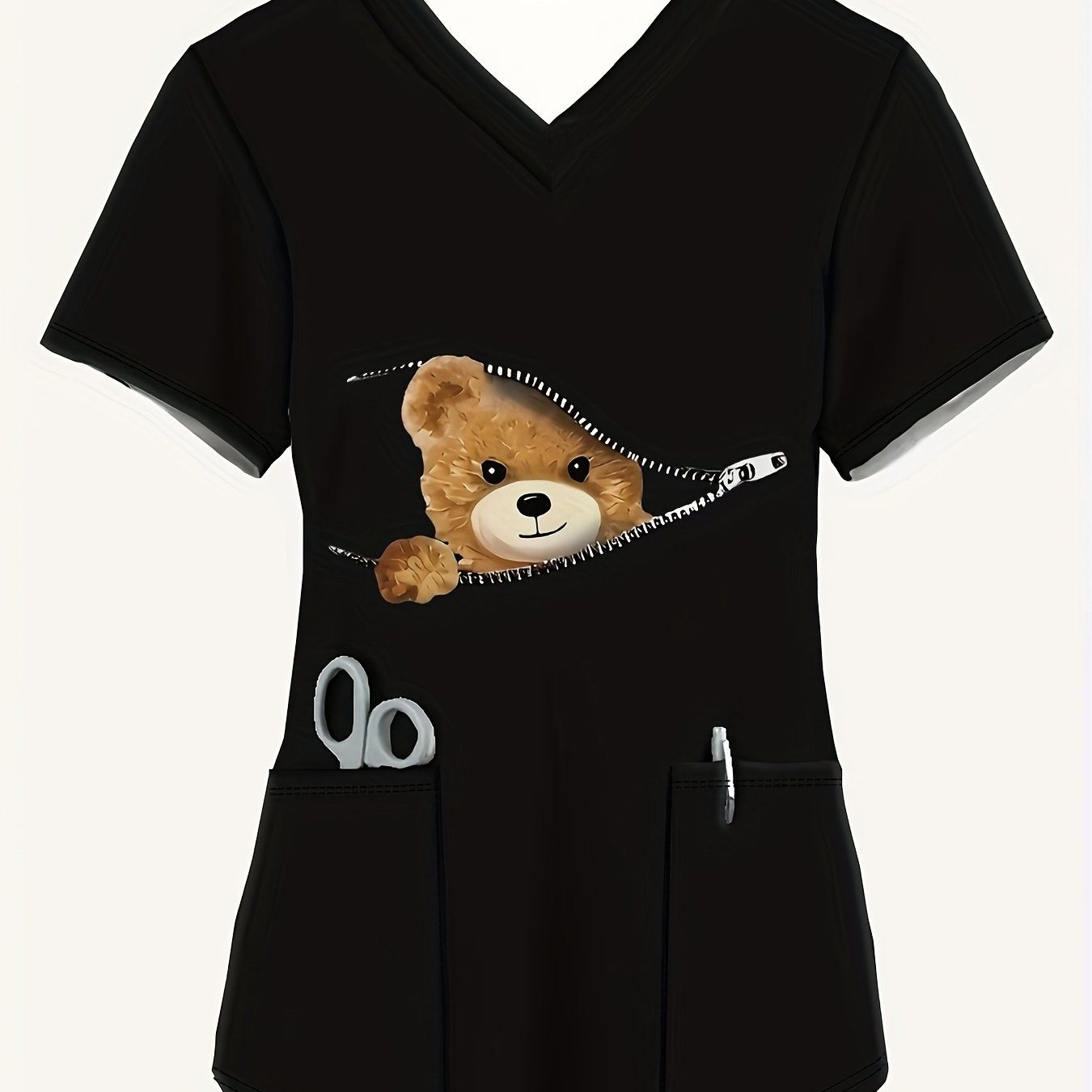 Image of Women's Stylish Short-sleeve V-neck Top, Featuring A Black Background With A Zipper And A Cute Bear Print, Designed For And Practicality As A Nurse Uniform With Pockets