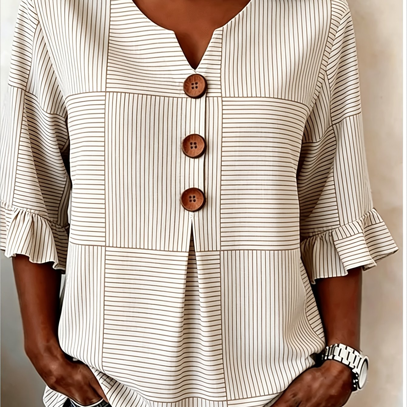 Image of This Bohemian-style Geometric Striped Plaid Print Women'-button V-neck Top Features A 3/4 Sleeve Design With Ruffle Details, Suitable For , From Casual To Semi-formal Occasions. Mothers, Wives, Or
