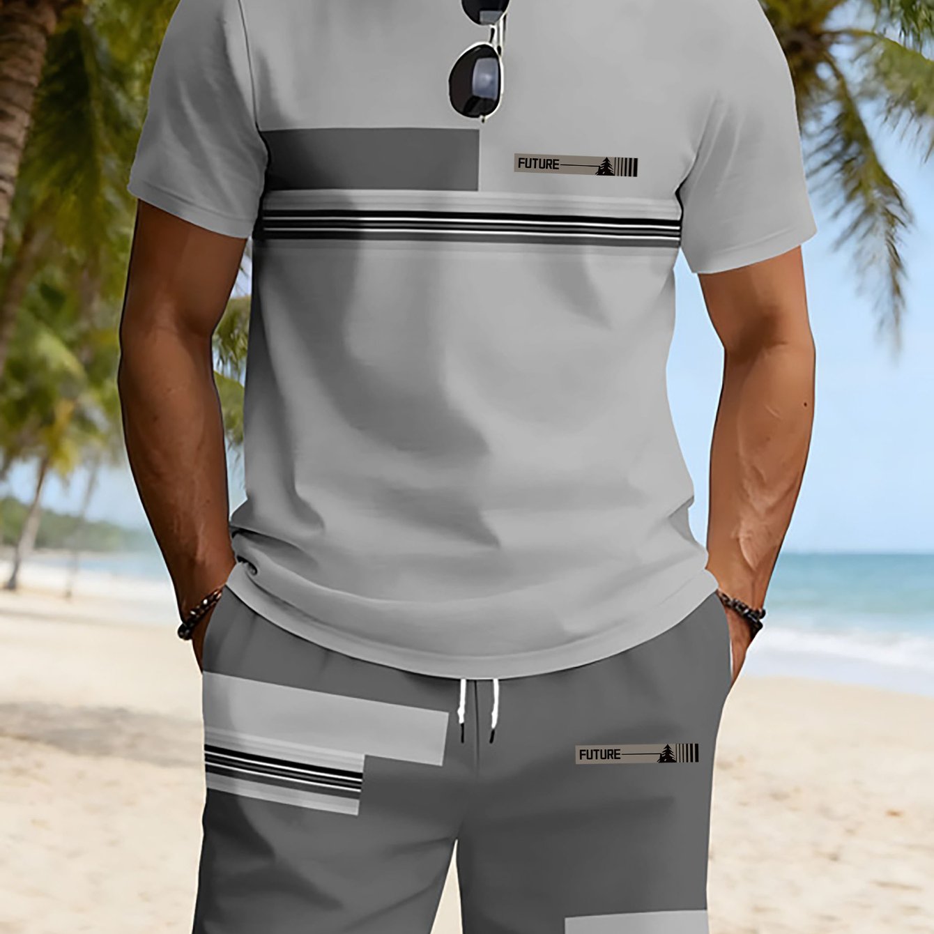 TEMU Conjunto de moda para hombre, casual y moderno, con cuello y estampado en manga corta