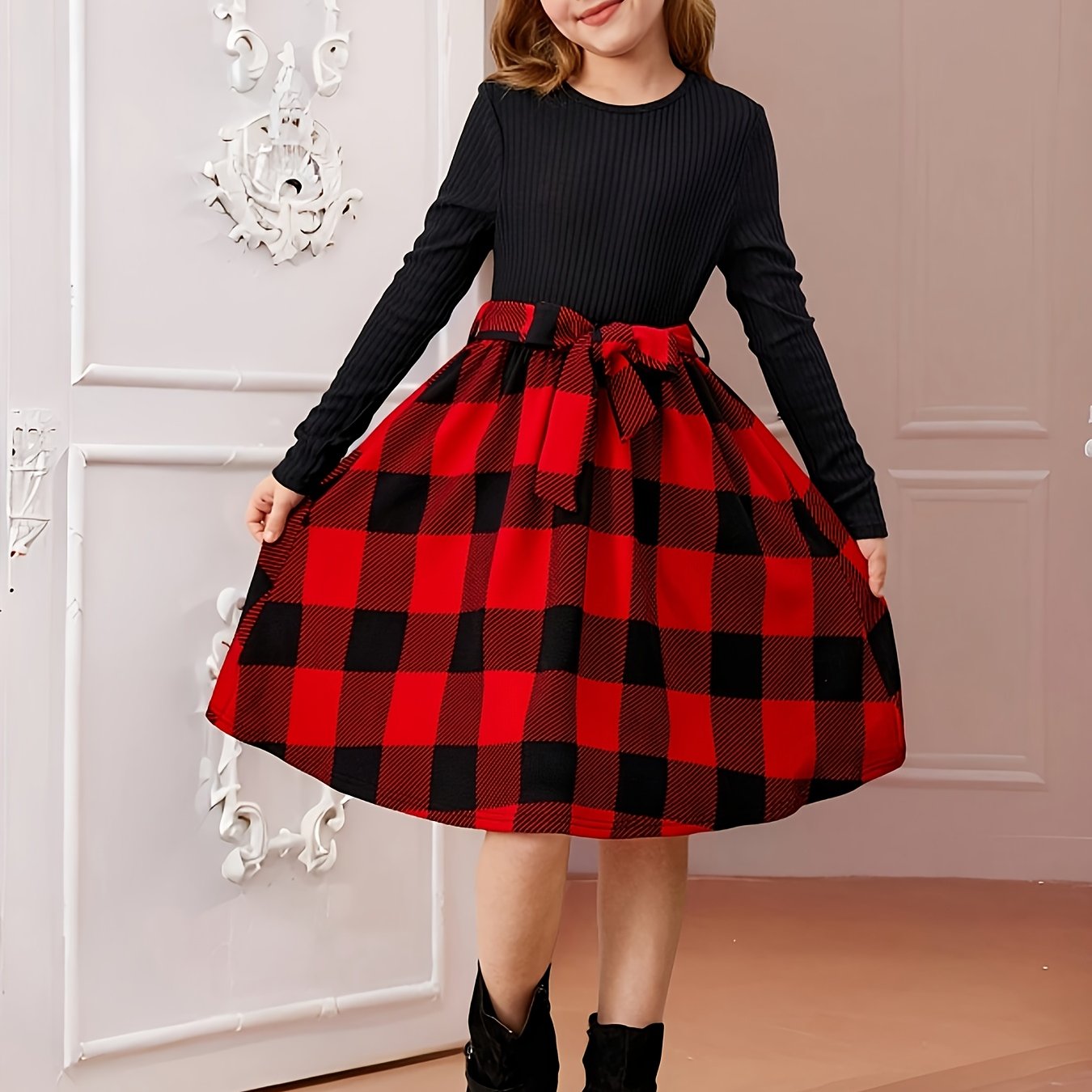 Girls' Elegant Dress Suitable For Christmas - Long Sleeve Belted Waist -line Dress With Round Neck, Full For Winter Church, & Wear - Machine Washable Winter Dress For Teen Girls (no)