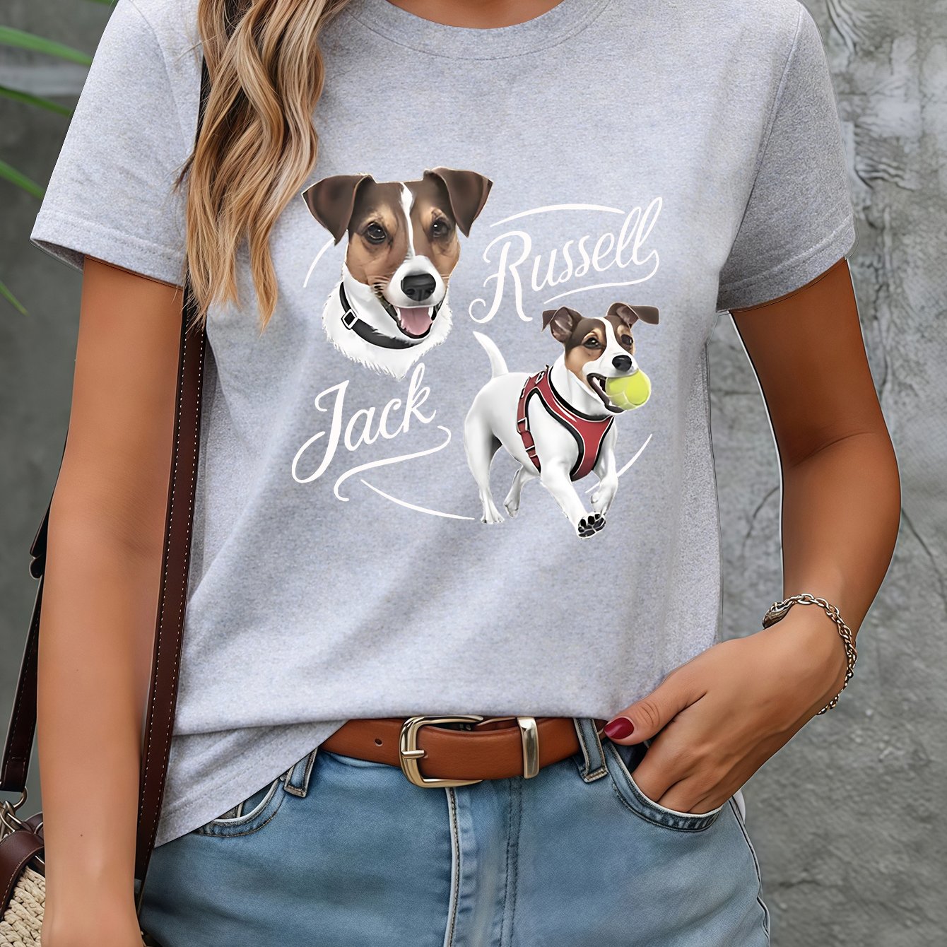 TEMU Cartoon Illustration Of A Terrier With A Ball And A Print On A T-shirt For Women. Summer Short-sleeve Casual Wear Expressing , A Trendy Item