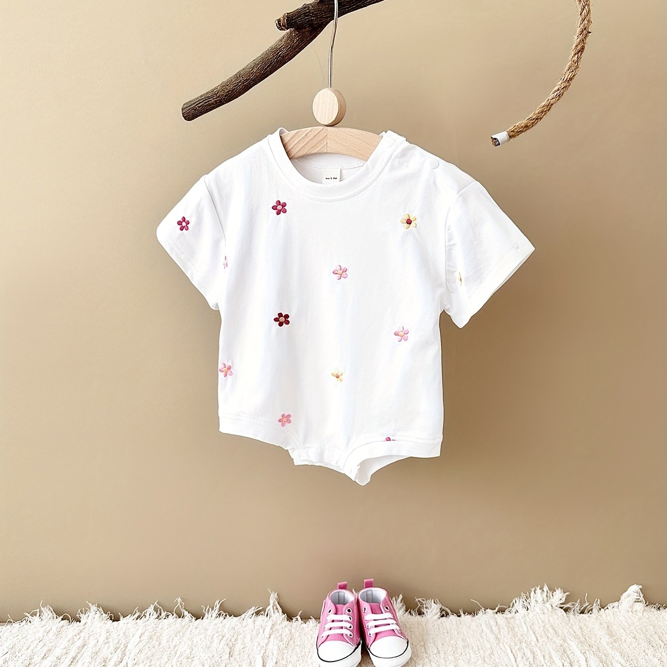 Image of Baby Girl Cute Flower Embroidery Casual Comfortable Baby Triangle Romper Summer, For Outdoor
