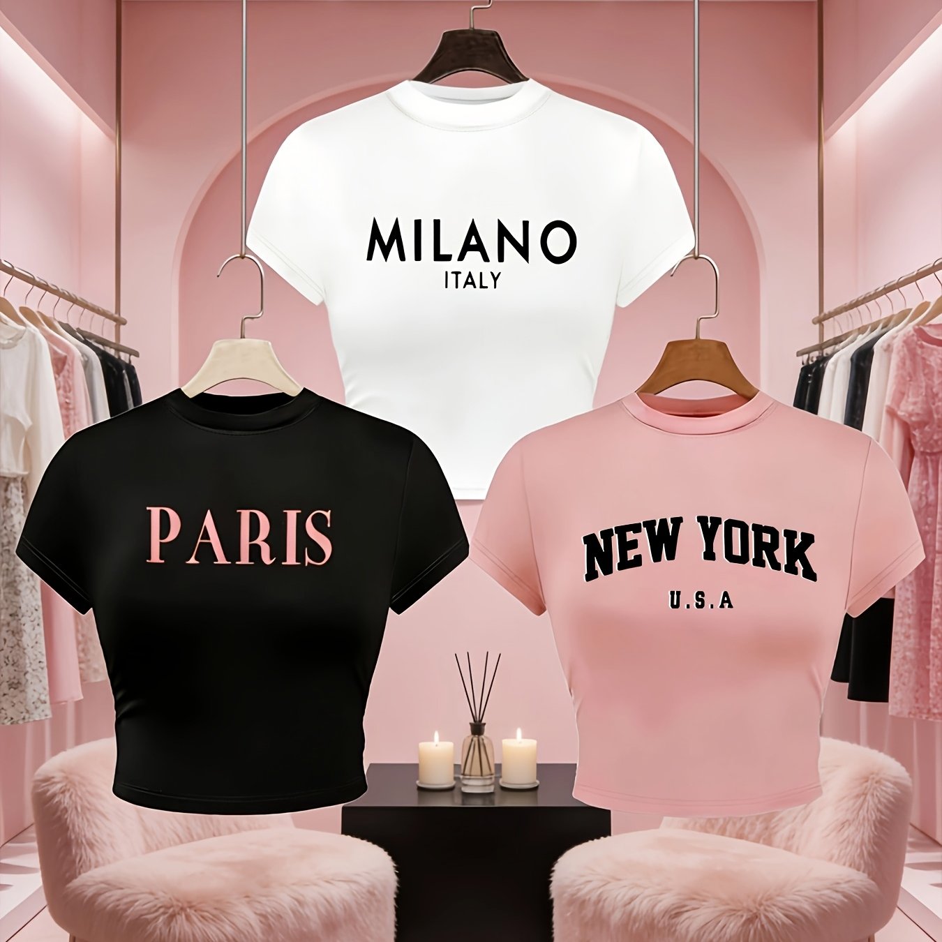 TEMU Pack de 3 Camisetas de Mujer Y2K con Estampado de de Viaje - Manga Corta y Corte Corto con Monumentos Famosos y de Ciudades (París, Roma, NYC),