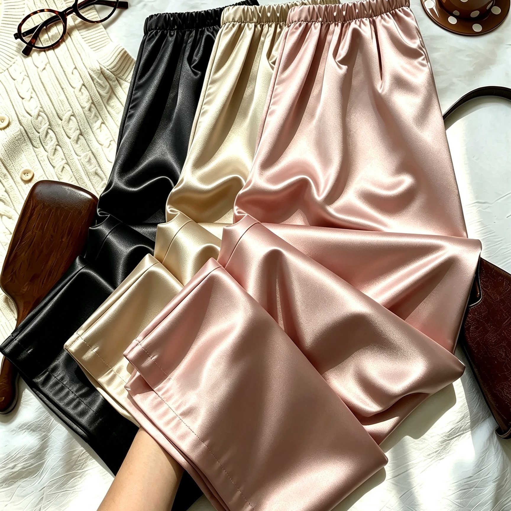 TEMU 3pcs Set Solid Color Pants High-waist Loose -covering Commuter All-match Drapey Straight Long Trousers