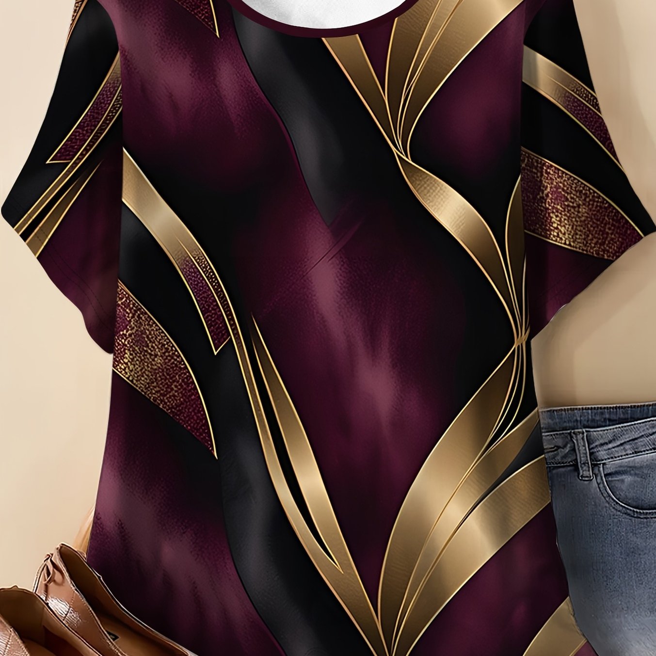 Plus Size, Wine Red T-shirt With A And A Print Of Abstract Golden Lines, Loose Fit, Plus Size, Round Neck, Light Luxury Artistic Style, Elegant Casual Top For Women.