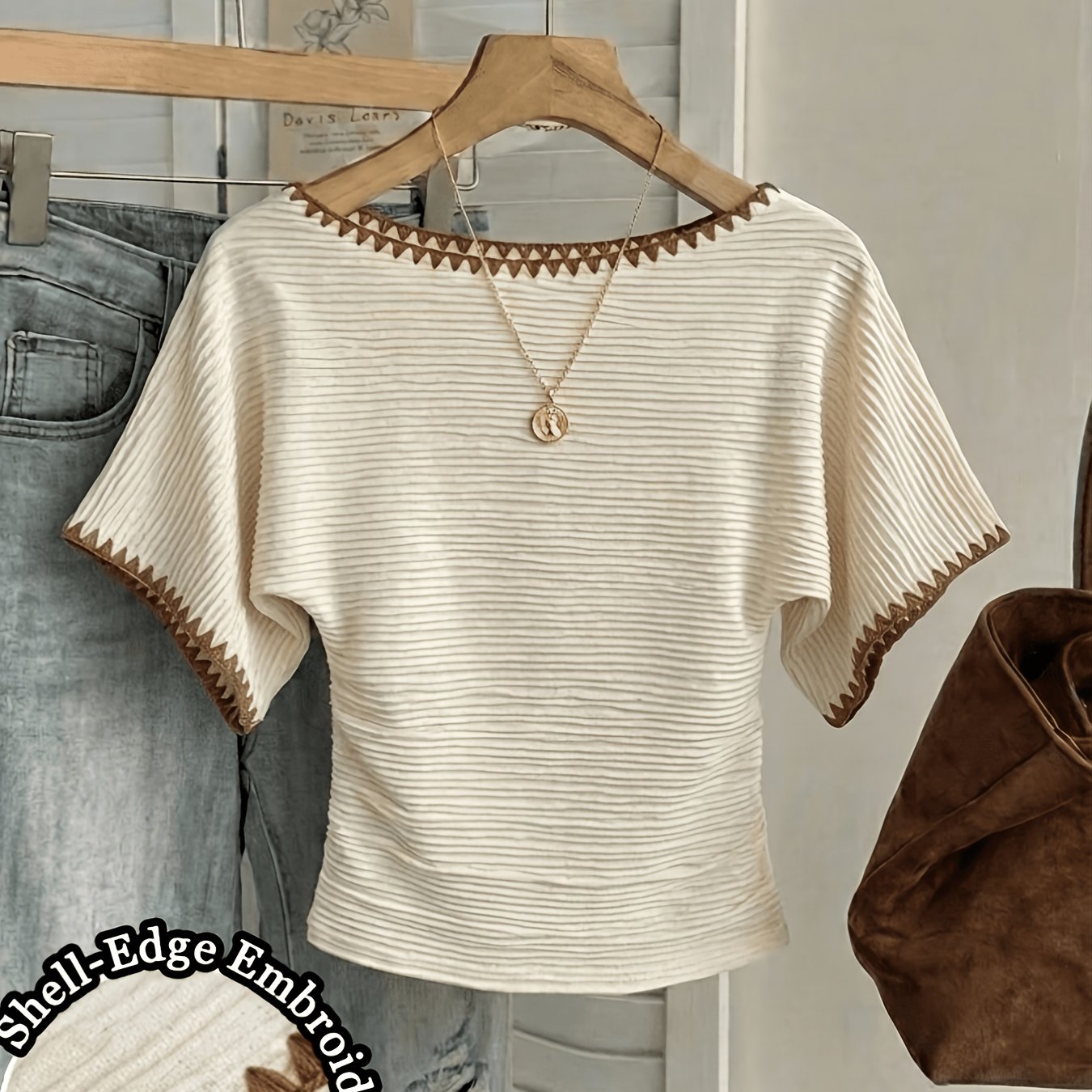 TEMU T-shirt élégant et taillé pour femmes avec broderie marron. Idéal pour les quotidiens et les vacances, pour l'été et ; parfait pour les loisirs