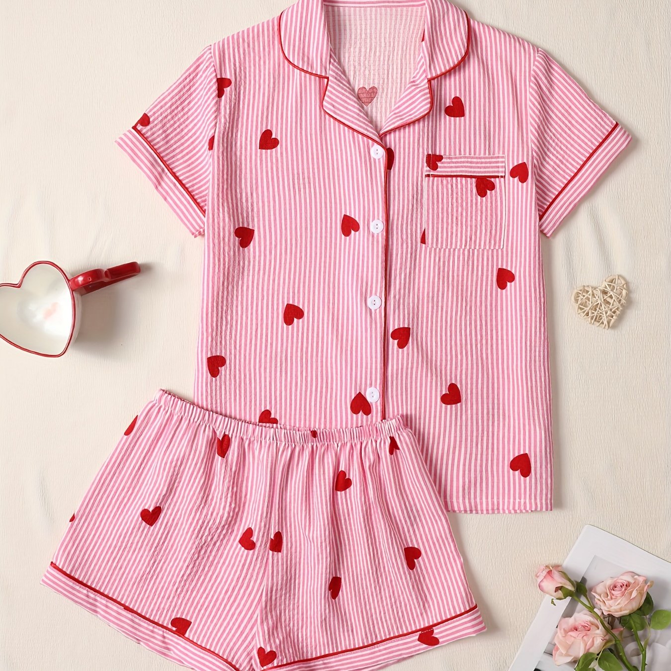 Image of Heart Print Pajama Set, Short Sleeve Button-up Top And Shorts, Women's Sleepwear And Loungewear