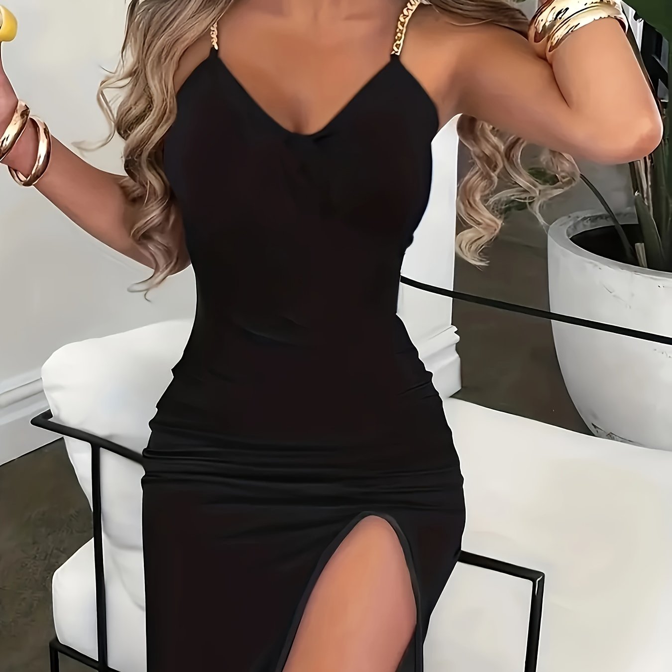 On With Free Shipping, This Features A Thigh-high Slit, Hollowed-out, Pleated Dress. An Elegant Sleeveless V-neck Bodycon Camisole Dress, Perfect For Spring And Summer, Women's Clothing