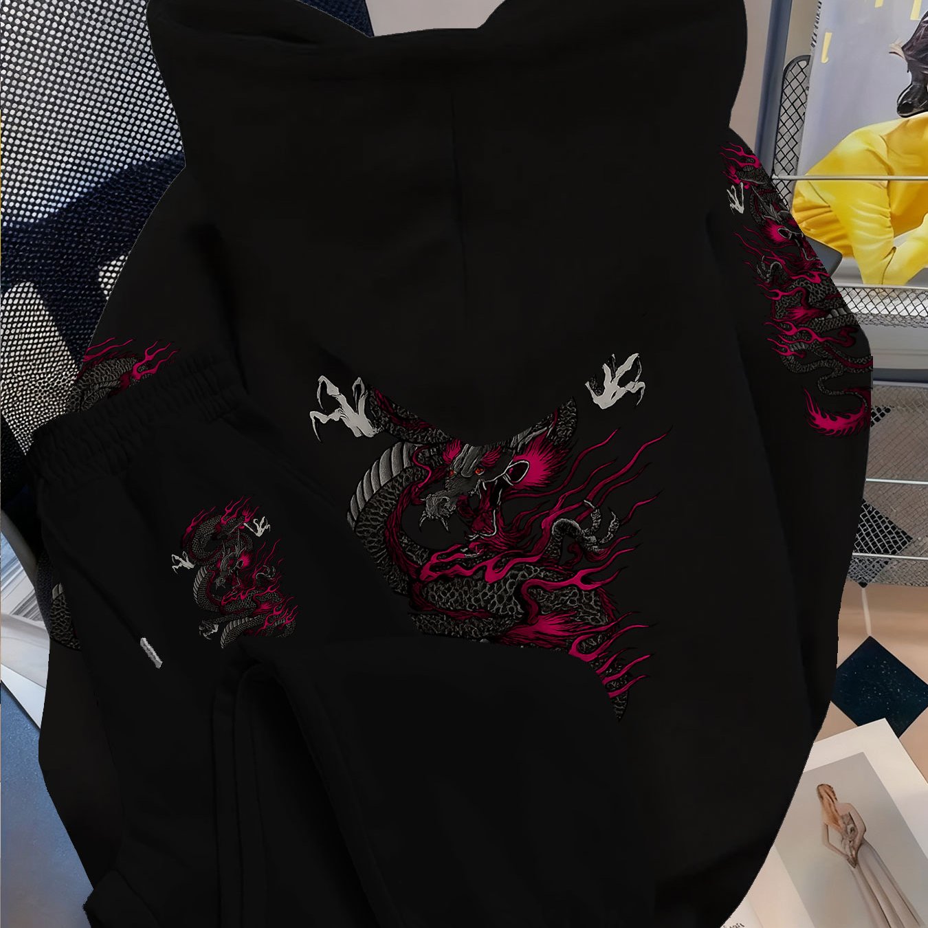 TEMU Casual And Stylish Outfit Set Featuring A Hoodie With Dragon Patterns, Designed In A Chinese Style. This Loose-fitting Sportswear Is Perfect For