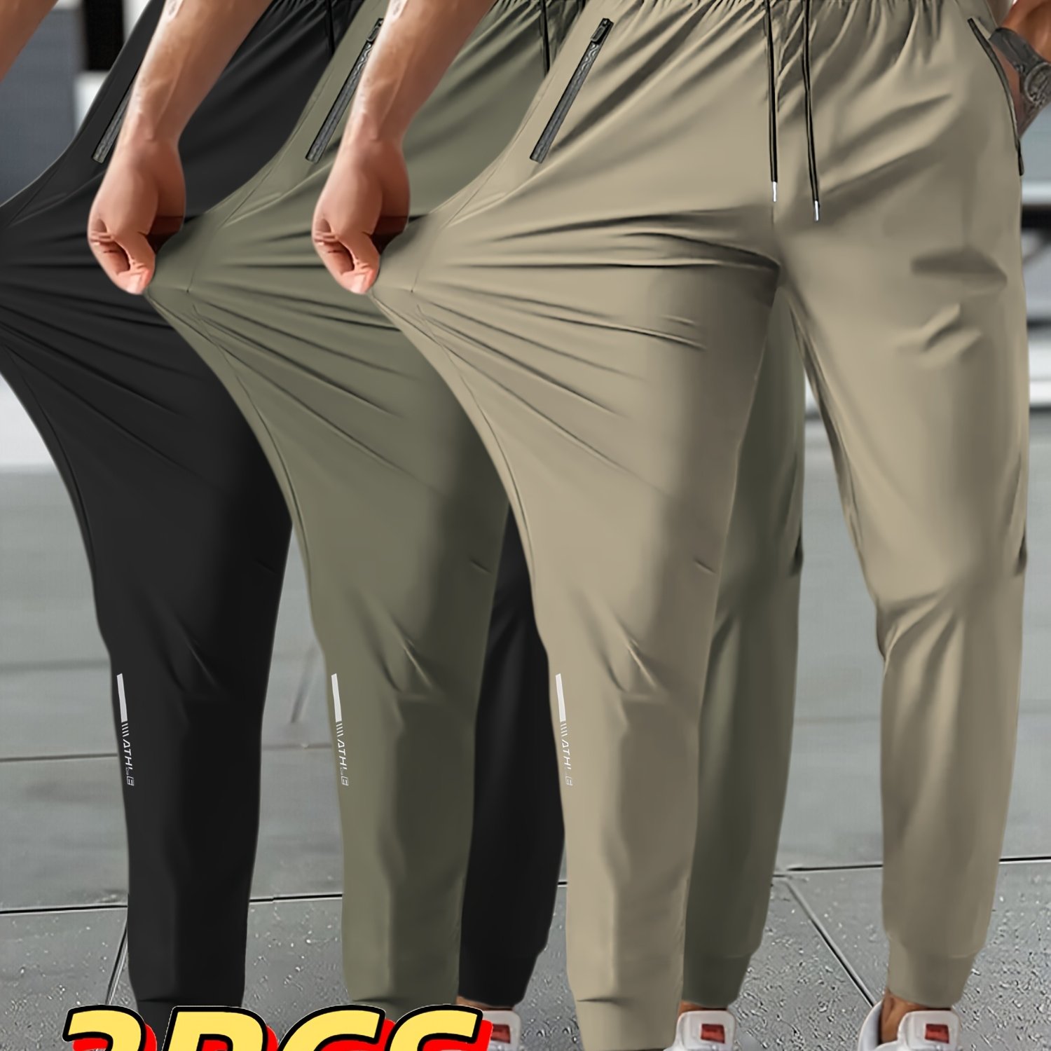 TEMU 3pcs Men's Summer Solid Color Tapered Sports Pants, High Stretch Fiber, With Ribbed Cuffdesign, Nylon 80%spandex 20%, Reflective At The Hem Of