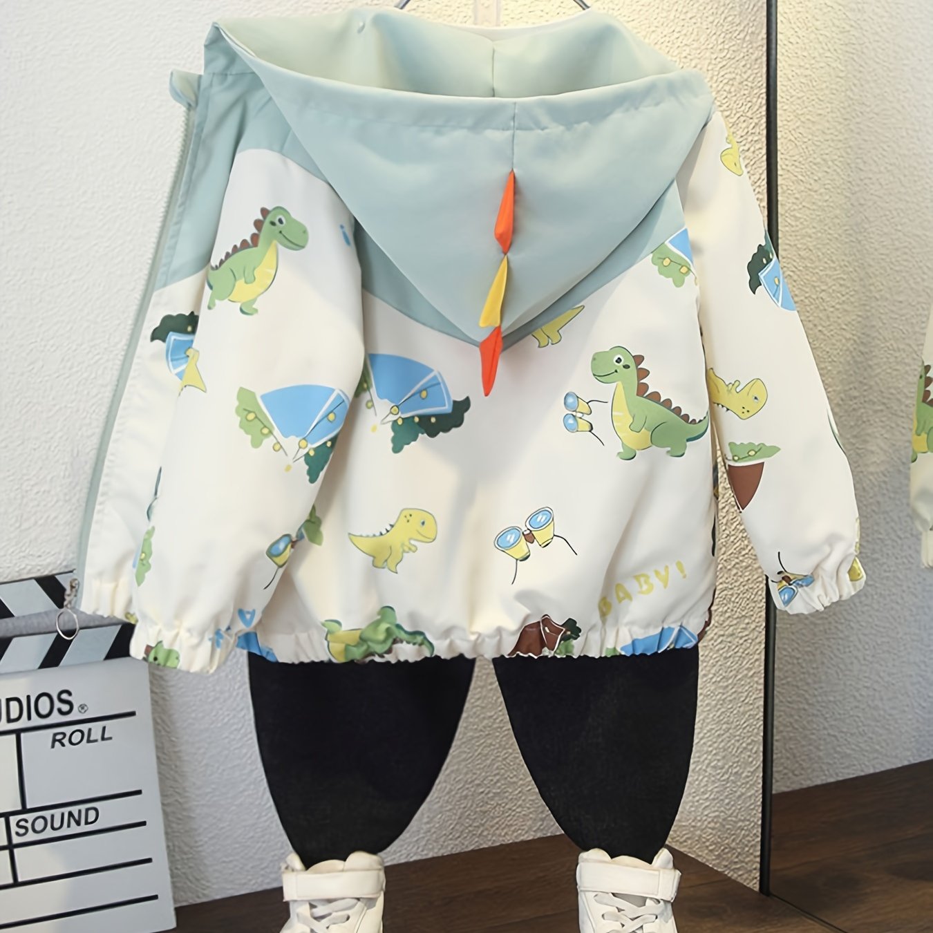Boys' Spring/autumn Hooded Jacket With Cute Cartoon Dinosaur Print, Fall Zip-up Cardigan