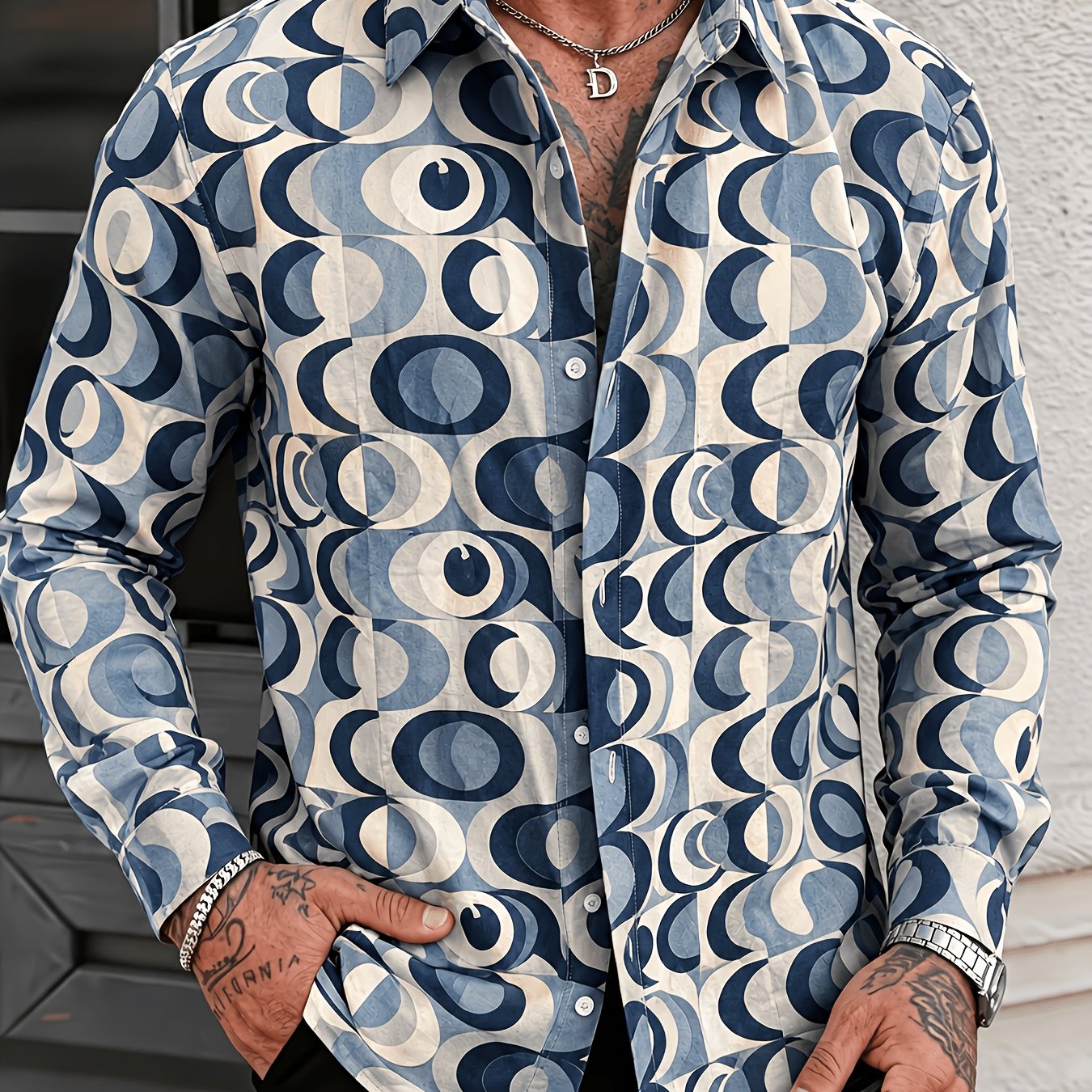 TEMU Men's 70s Retro Disco Party Shirt - Vintage Button-front Buttoning Long Sleeve Shirt With Geometric Circle Print, Hippie Style Suitable For 70s