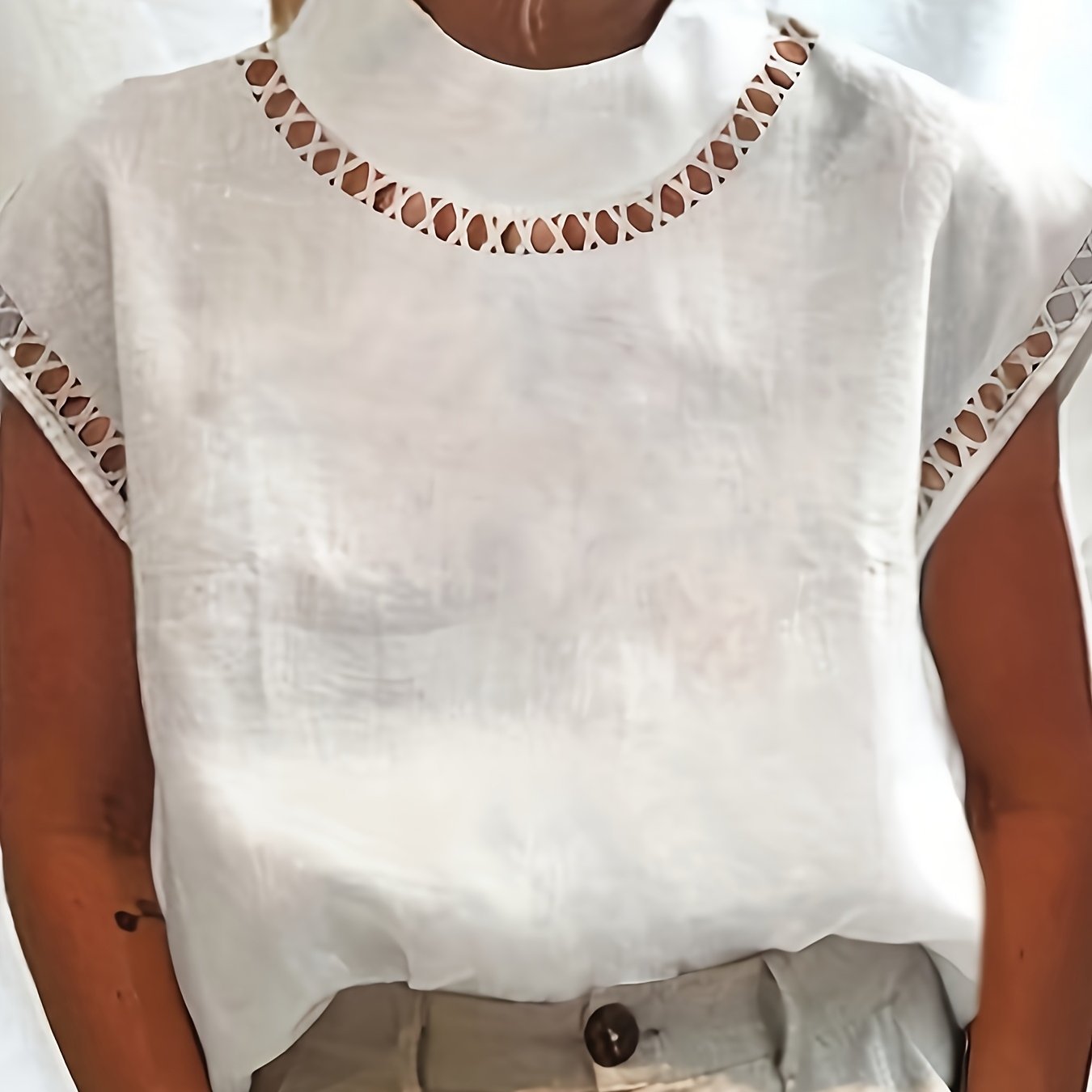 E-shop Lace Bubble Sleeve Patchwork Rundhals T-Shirt für den Sommer