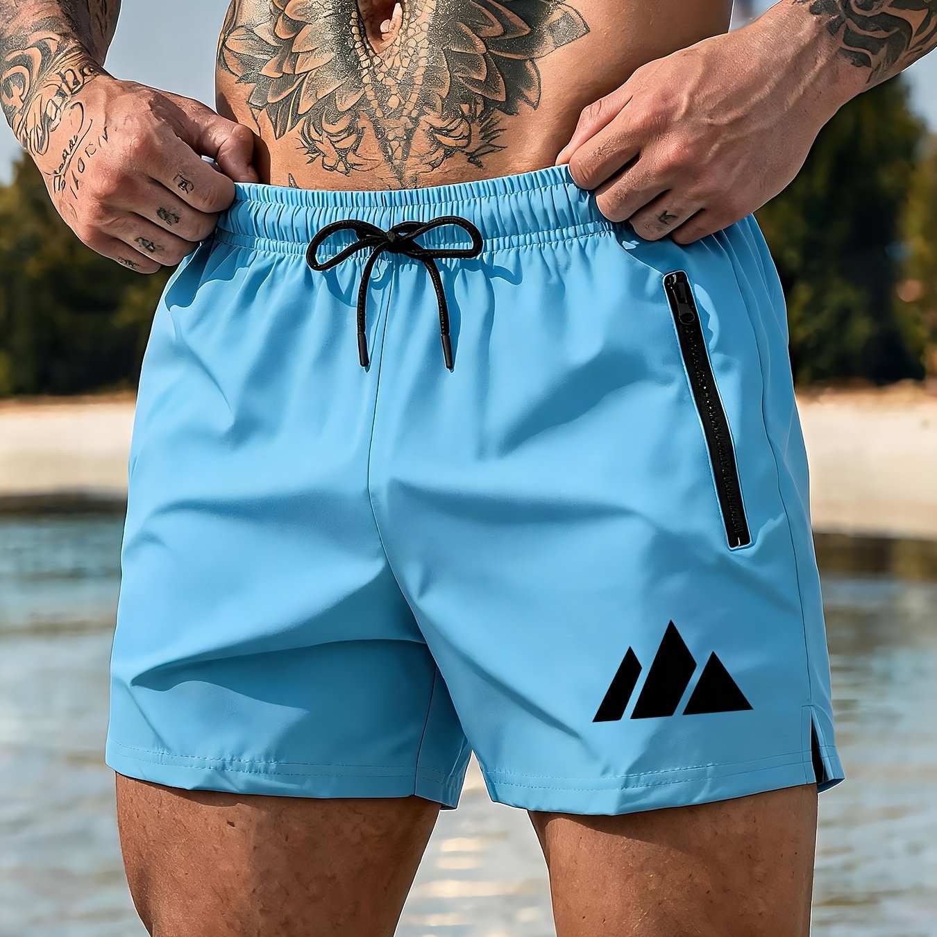 TEMU Men's Beach Shorts, Casual Athletic Shorts, Quick-dry Breathable With Elastic Waist Drawstring, Minimalist Geometric Style Hiking Print, Outdoor