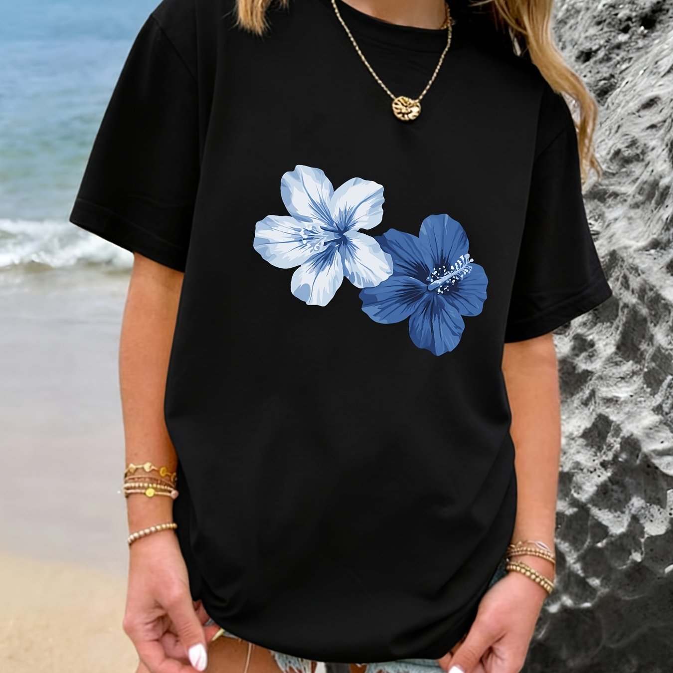 TEMU T-shirt d'été pour fille à fleur d'hibiscus - Haut non extensible à col ras du cou avec imprimé hawaïen, vêtement de plage décontracté adapté