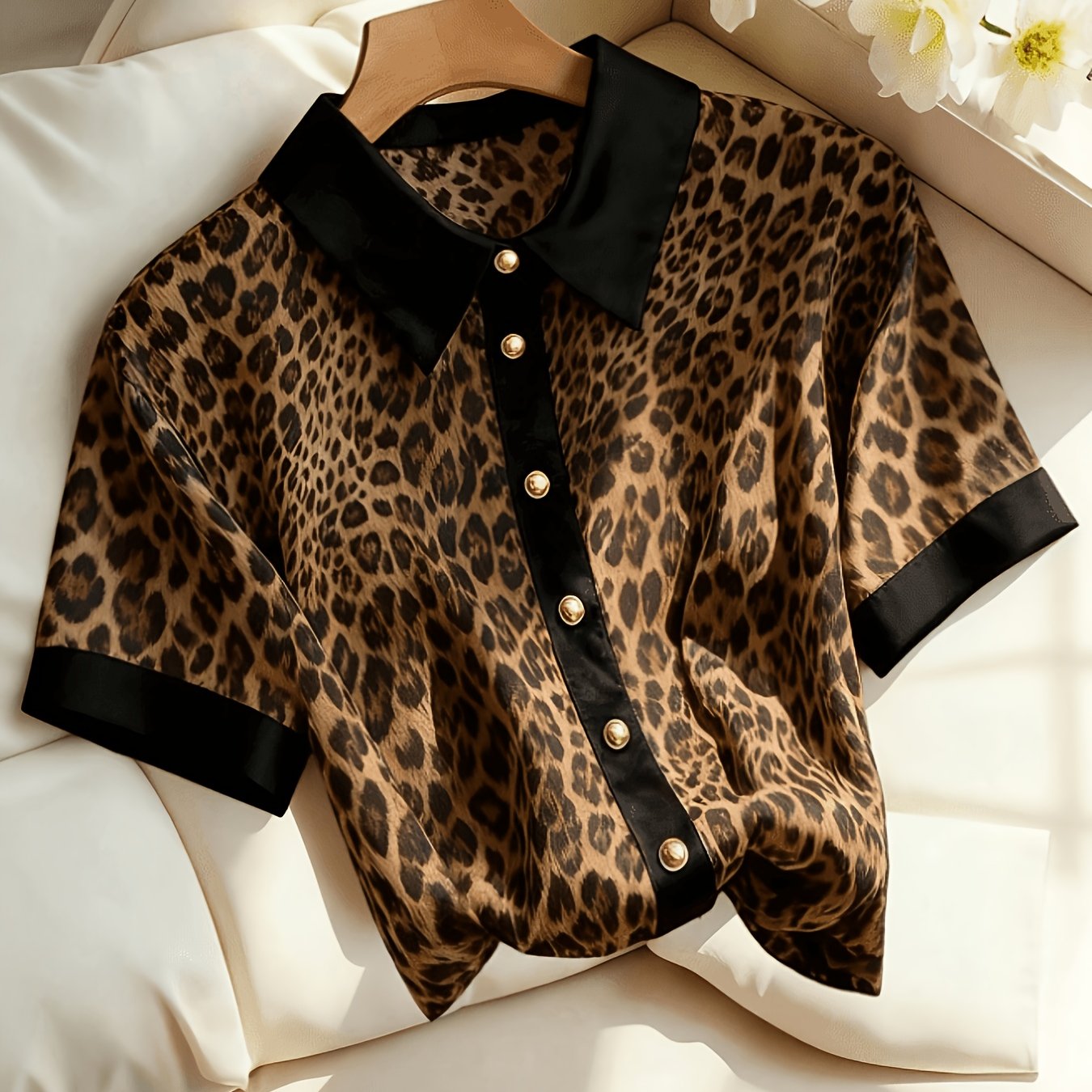TEMU Plus Size Women's Leopard Color-block Shirt, Casual Short Sleeve Top, Suitable For Spring And Summer