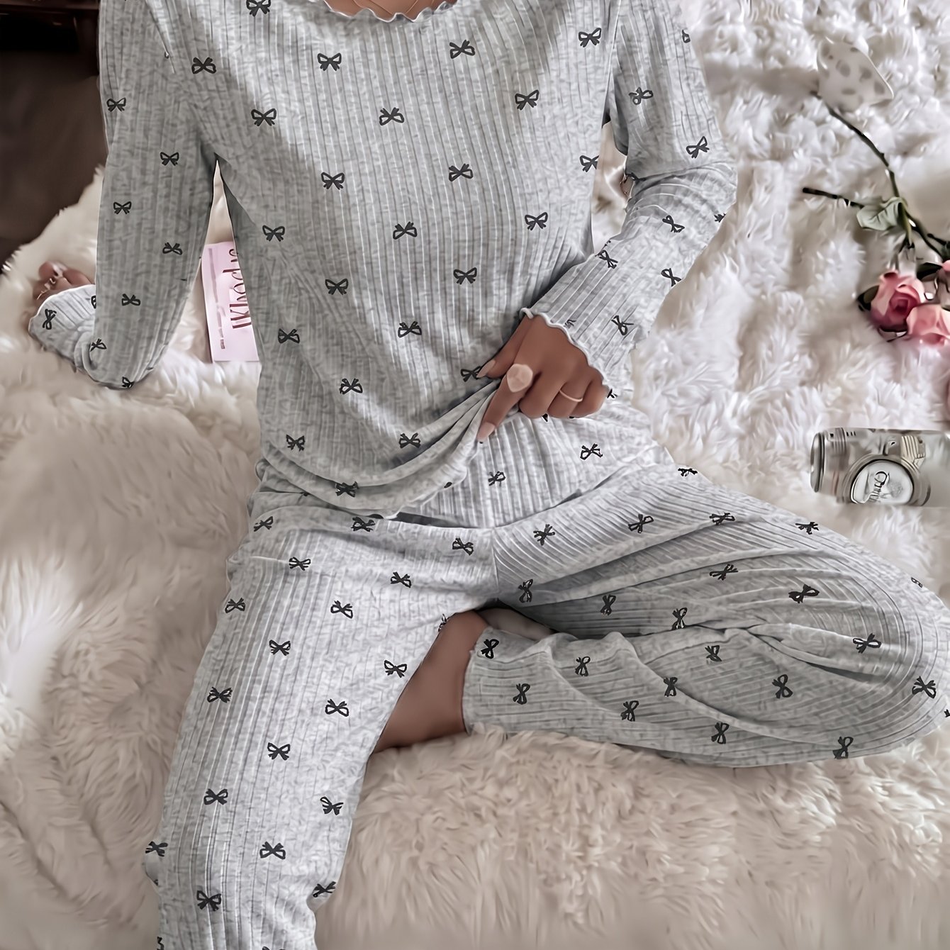 TEMU 2026 Fall Winter Women's 2pcs Premium Ribbed Pajamas, Girly Ins Crew Neck Long Sleeve Bow Floral Print Top, Waist Lounge Pants, Valentine's New