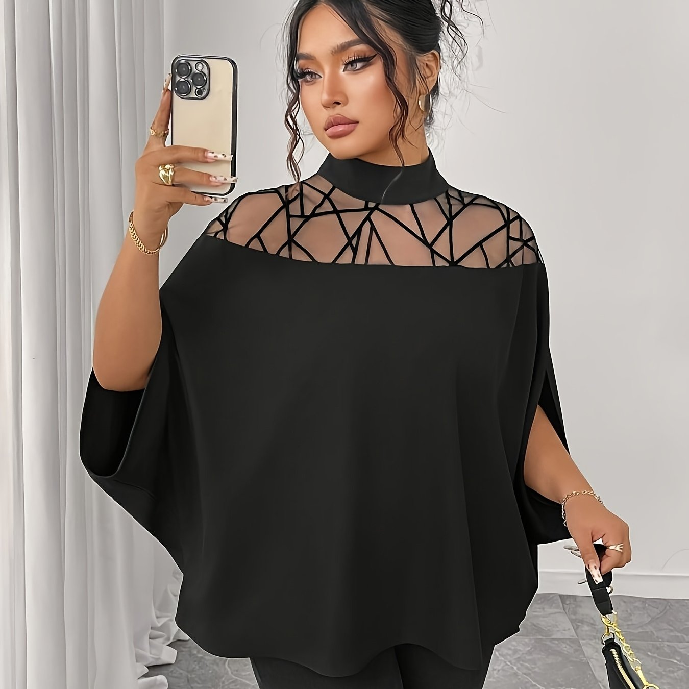 TEMU Plus Size - Plus Size - Curvem Fashion Versatile Plus Size Women's Clothing Small Collar Sheer Sexy Plus Size Top T-shirt Elegant Plus Size Top