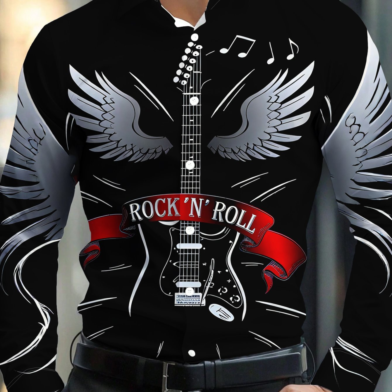 TEMU Men's Long-sleeve Shirt With A Rock Guitar Wings Print, Featuring A Style. Comfortable And Breathable Fashion Top, Perfect For Rock Enthusiasts.