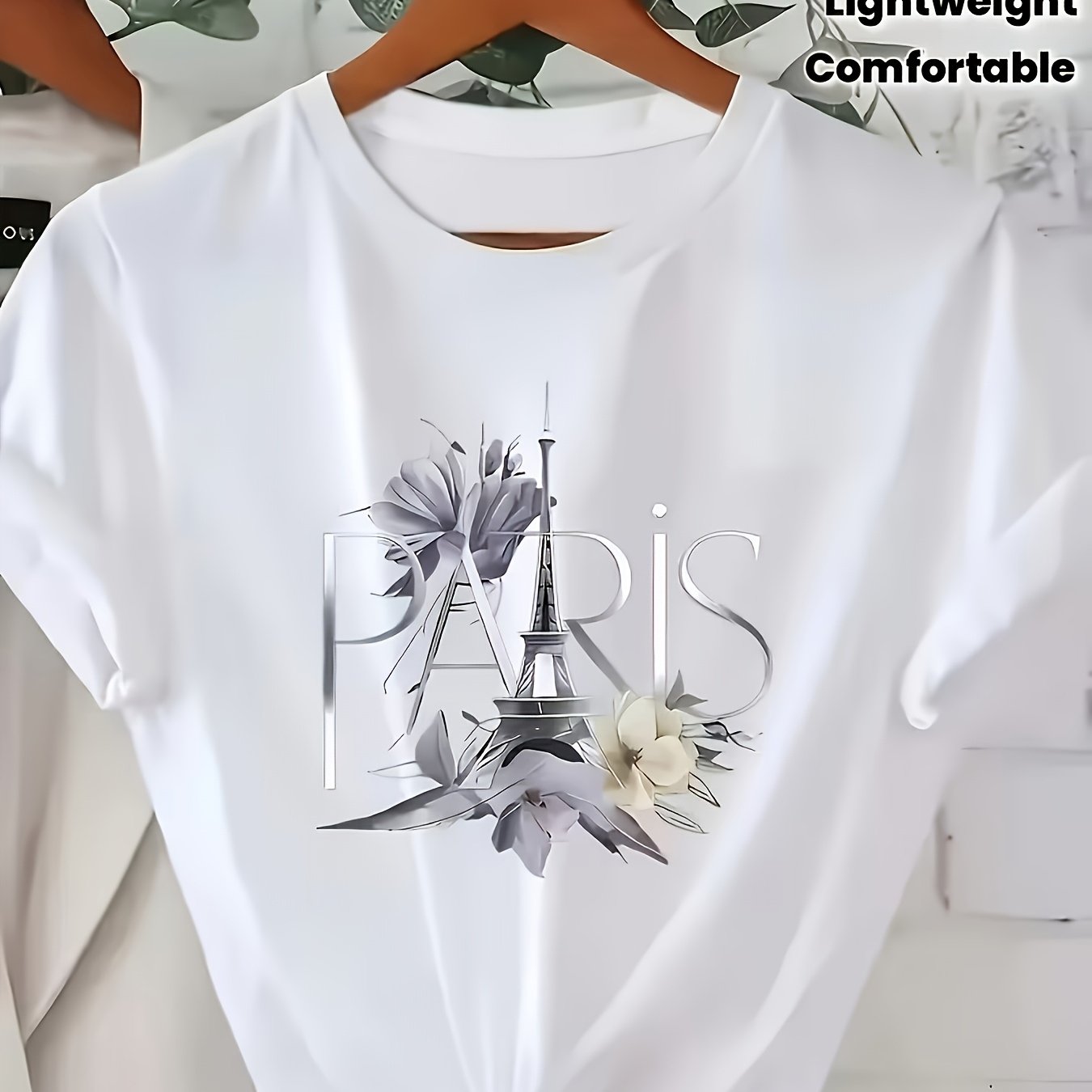TEMU Vintage Tower Flower Print T-shirt For Women, Casual Crew Neck Short Sleeve Tee, Elegant French Aesthetic Summer Tops