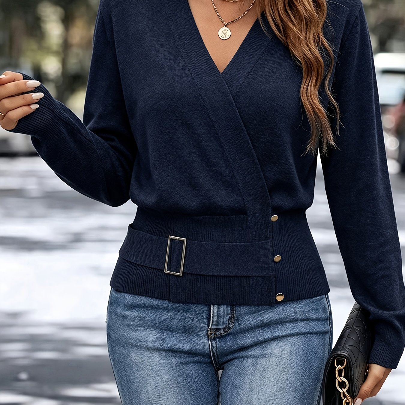 TEMU Women's Instagram-style Autumn/winter Cross-neckline Pullover, Versatile Slim-fit Elegant Machine-washable Long-sleeve Sweater - Belt With Metal